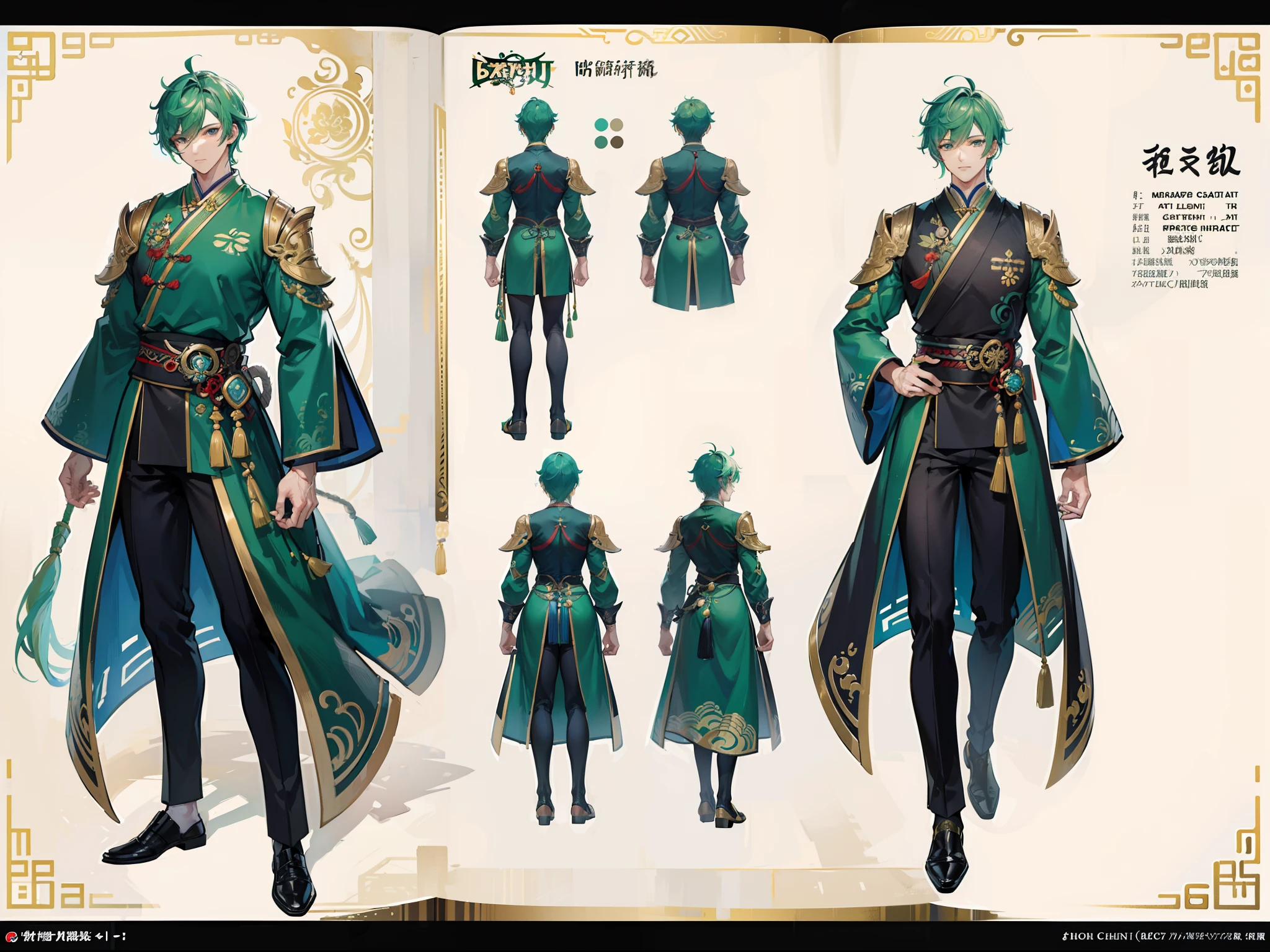 ((Masterpiece, Highest quality)), Detailed face, character design sheet, full bodyesbian, Full of details, frontal body view, back body view, Highly detailed, Depth, Many parts, Muscle boy with green hair,handsome man, Traditional chinese clothes, Genshin Impact, man tall