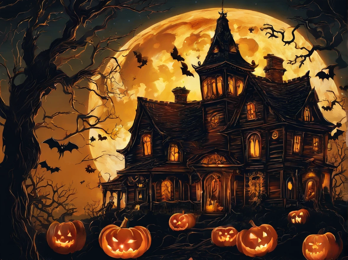 halloween poster with A sinister-looking haunted house with glowing windows and an ominous atmosphere. A full moon in the dark, cloudy sky casting an eerie glow. A creepy graveyard with tombstones, fog, and a sense of decay. A menacing black cat lurking in the shadows. A swarm of bats flying in front of the moon. A sinister-looking pumpkin with a menacing grin, possibly with a flickering candle inside. A large, spooky spider hanging from a web. An owl perched on a gnarled tree branch, with glowing eyes.