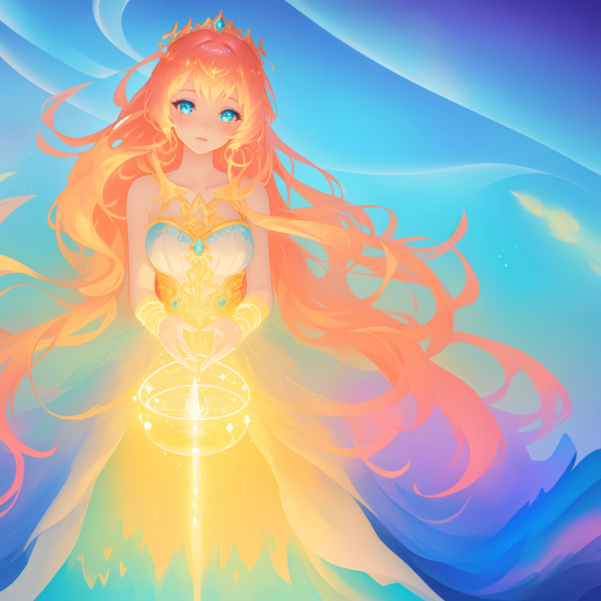 beautiful girl, puffy tiered ballgown, vibrant pastel colors, (colorful), glowing golden long hair, magical lights, sparkling magical liquid, inspired by Glen Keane, inspired by Lois van Baarle, disney art style, by Lois van Baarle, glowing aura around her, by Glen Keane, jen bartel, glowing lights! digital painting, flowing glowing hair, glowing flowing hair, beautiful digital illustration, fantasia background, whimsical, magical, fantasy, ((beautiful face)), ((masterpiece, best quality)), intricate details, highly detailed, sharp focus, 8k resolution, sparkling detailed eyes, liquid watercolor