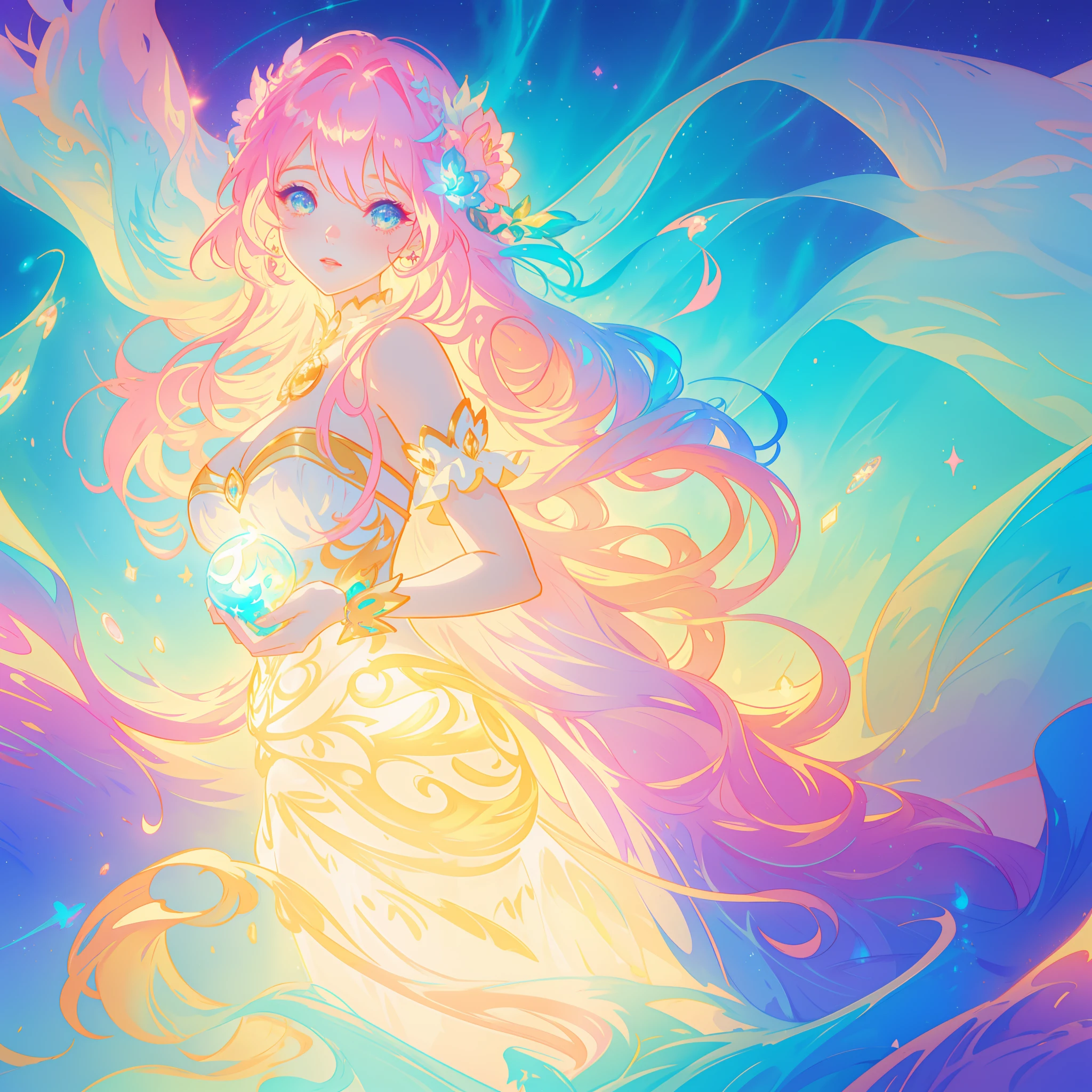beautiful girl, puffy tiered ballgown, vibrant pastel colors, (colorful), glowing golden long hair, magical lights, sparkling magical liquid, inspired by Glen Keane, inspired by Lois van Baarle, disney art style, by Lois van Baarle, glowing aura around her, by Glen Keane, jen bartel, glowing lights! digital painting, flowing glowing hair, glowing flowing hair, beautiful digital illustration, fantasia background, whimsical, magical, fantasy, ((beautiful face)), ((masterpiece, best quality)), intricate details, highly detailed, sharp focus, 8k resolution, sparkling detailed eyes, liquid watercolor
