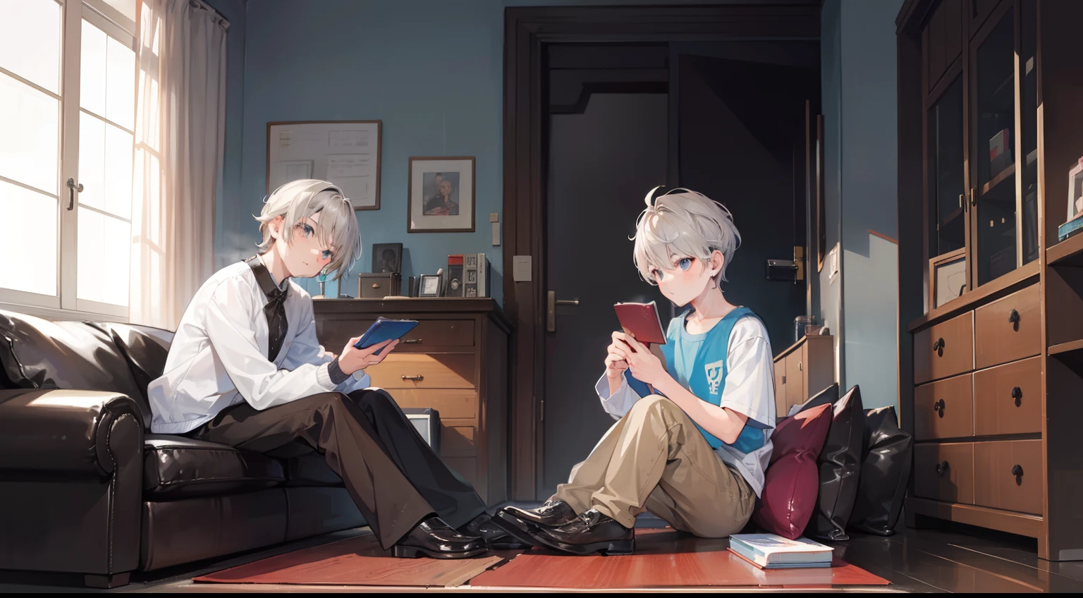 Two Boys, Silver-haired boy and brown-haired boy,Boy's room、sofas、lecture、Boys Love、Talking、hight resolution、ultra-detailliert