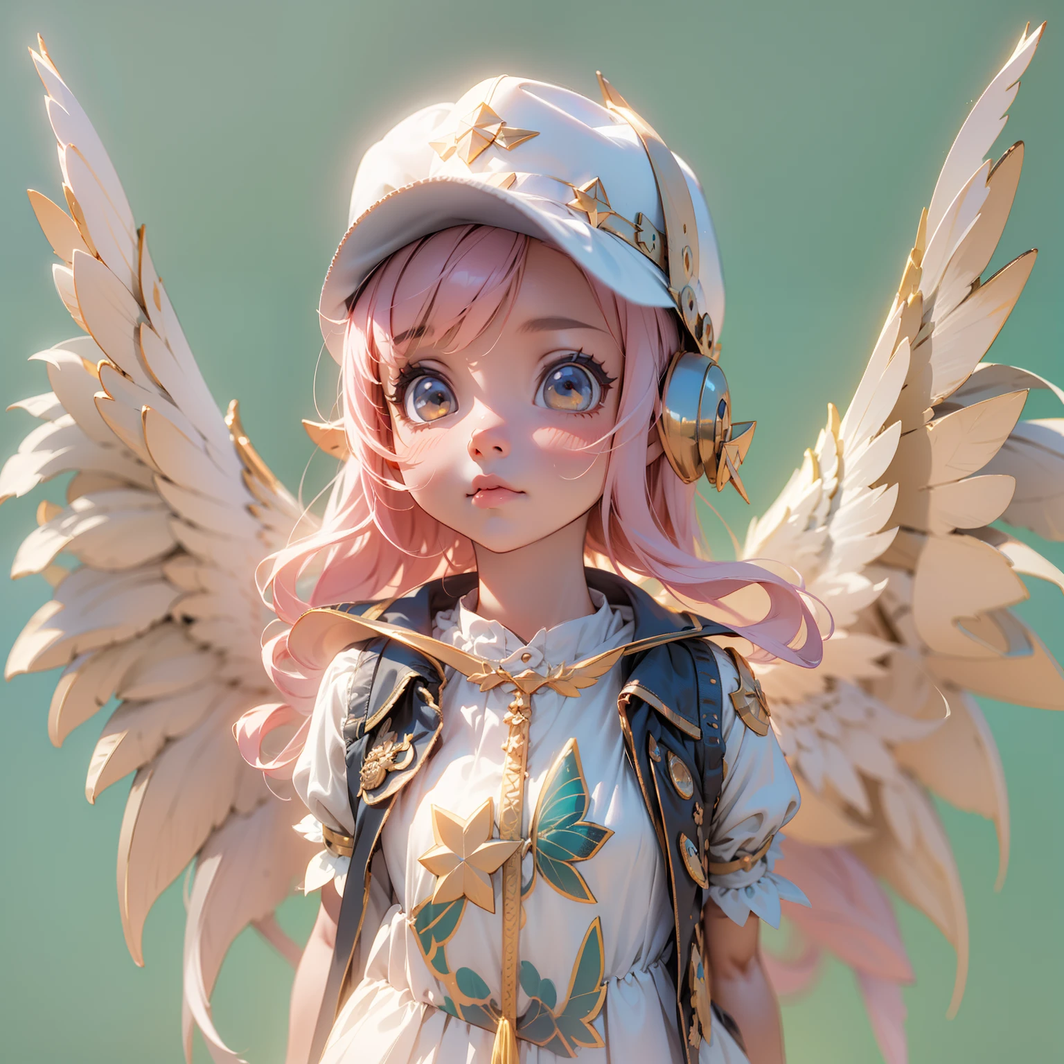 A cute girl with wings on her back and a hat，3d anime girl，3d effect，Full body like，super detailing