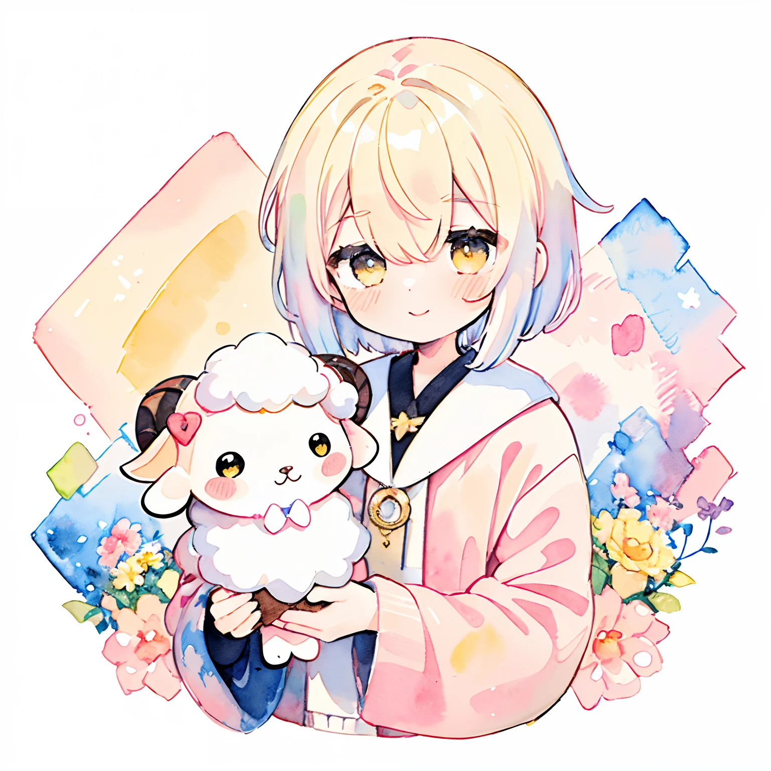 (PastelColors:1.5)、(Cute illustration:1.5)、(watercolor paiting:1.2)、()hair between eye、White background、girl with、full body Esbian、Sheep, Sheep girl, Knitted long-sleeved clothing, Fluffy, White and yellow motifs, Yellow eyes, Cute, Short hair, Smile, Upper body, Fantasy, Detailed picture