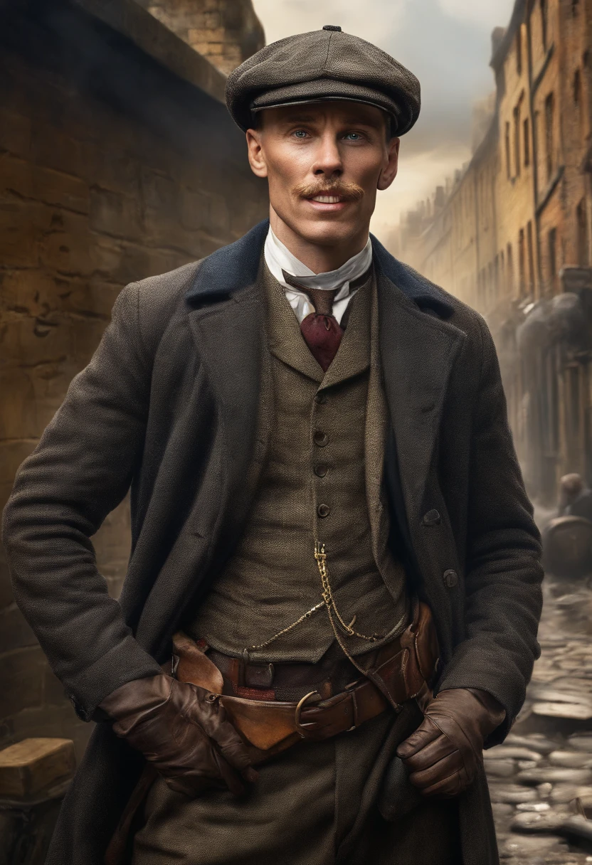 a photo of (TCr3ws:1), The Man as Peaky Blinder, (Laughing with naked teeth:1.3), (sface focus), model shoot style, (Extremely detailed CG unity 8k wallpaper), intrikate, High Detail, Sharp focus, Dramatic, photorealistic painting art by midjourney and greg rutkowski , (Walking through the slums of London), (Wearing a pointed hat:1.1), (detailed pupil:1.2), (dinamic pose:1.2), (Peaky Blinders:1.2), (holstered gun), (hands on ass:1.2), (closeup shot:1.1)