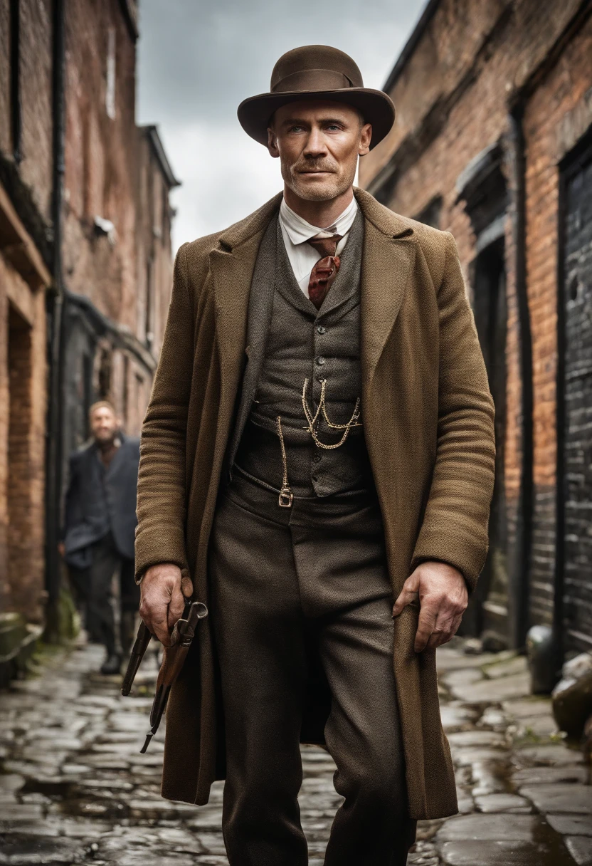 a photo of (TCr3ws:1), The Man as Peaky Blinder, (Laughing with naked teeth:1.3), (sface focus), model shoot style, (Extremely detailed CG unity 8k wallpaper), intrikate, High Detail, Sharp focus, Dramatic, photorealistic painting art by midjourney and greg rutkowski , (Walking through the slums of London), (Wearing a pointed hat:1.1), (detailed pupil:1.2), (dinamic pose:1.2), (Peaky Blinders:1.2), (holstered gun), (hands on ass:1.2), (closeup shot:1.1)