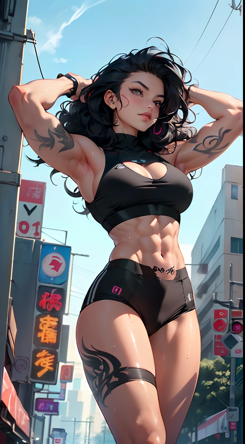 girl sporty,((attractive and muscular girl)),(tomboy),

(large breasts:1.4),saggy breasts,(((black hair:1.35,curly hair, disheveled hair:1.3,very long hair:1.4,colored inner hair,ear breathing))),((heterochromia:1.5, (orange_eye and red_eye))),intricate eyes,beautiful detailed eyes,symmetrical eyes,(((lustrous skin:1.5,bright skin: 1.5,skin tanned,shiny skin,very shiny skin,shiny body,plastic glitter skin,exaggerated shiny skin,illuminated skin, wet legs))),(spider lower abdomen,narrow waist,wide hip,athletic body,inflated legs,detailed body,(((muscle legs,muscular thighs,muscular girl,strong and muscular,bodybuilder,strong body,muscular,feminine and muscular,ABS))),(detailed face)),(((tattoos:1.5))),

cute,slutty,seductive,erotic,(((nsfw))),

zettai ryouiki,((tight sports bra, tight sports panties, (orange and black clothes))),((wet clothes,intricate outfit,intricate clothes)),

(dynamic pose:1.0),annoyed,(centered,scale to fit dimensions,Rule of thirds),

cyberpunk city by the ocean at night, with bright neon signs and dark stormy clouds and puddles, scenery:1.25,

artistic photography,(photography taken by sldr),highres, sharp focus, (ultra detailed, extremely detailed), (photorealistic artwork:1.37),(extremely detailed CG unity 8k wallpaper),((synthwave background theme)),(((vibrant colors))),(intricate background),(masterpiece),(best quality),