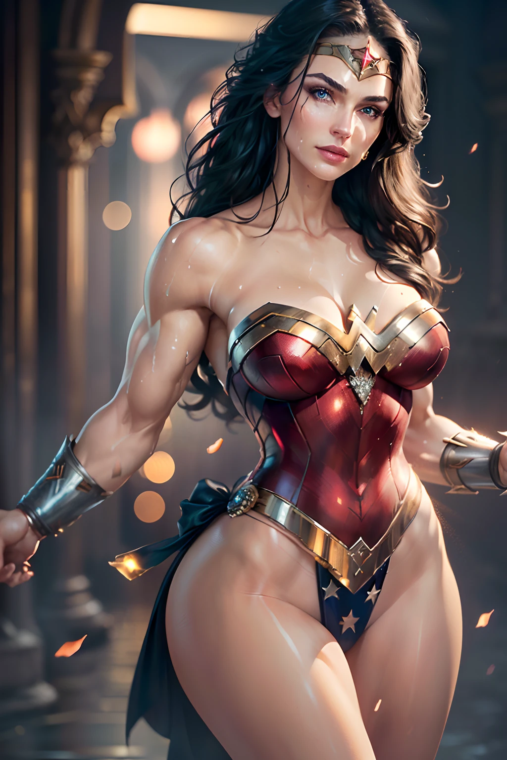 1woman, Wonder Woman, (intricate details, makeup), (delicate and beautiful delicate face, delicate and beautiful delicate eyes, perfectly proportioned face), (realistically moist skin: 1.0), (drenched body: 0.5), (wet skin), wet hair, delicate skin, strong and realistic blue eyes, realistic black hair, lips, makeup, natural skin texture, tiara, jewelry, star \(symbol\), leotard, bulletproof gauntlet, red boots, golden girdle, (public clothing: 1.5), bare shoulders, slightly sunburned complexion, mature, sexy, toned muscles, (muscles:1.2), ((strong and healthy body)), ((((more) muscles))), long legs, curves, (big breasts: 1.3), thin waist, soft waist, (delicate skin), (beautiful and sexy woman), (swollen lips: 0.9), very delicate muscles, standing,(realistic: 1.5), photorealistic, octane rendering, hyperrealistic, tight modeling, (photorealistic face: 1.2), thick eyelashes, long eyelashes, (curly dark hair: 1.1), best quality, half smile, (looking at the viewer), sharp focus, (4k), (masterpiece), (best quality), fantasy, extremely detailed, intricate, hyper detailed, (perfect face), illustration, soft lighting,(specular lighting:1.4), blue eyes, absurdly photorealistic, ultra high resolution, intricate, hyperdetailed, (skindentation), female, detailed body, (detailed face: 1.1), (outlined iris), (hydrocolor lenses), (perfect eyes), 4k, gorgeous, (masterpiece: 1.2), (best quality:1.2),