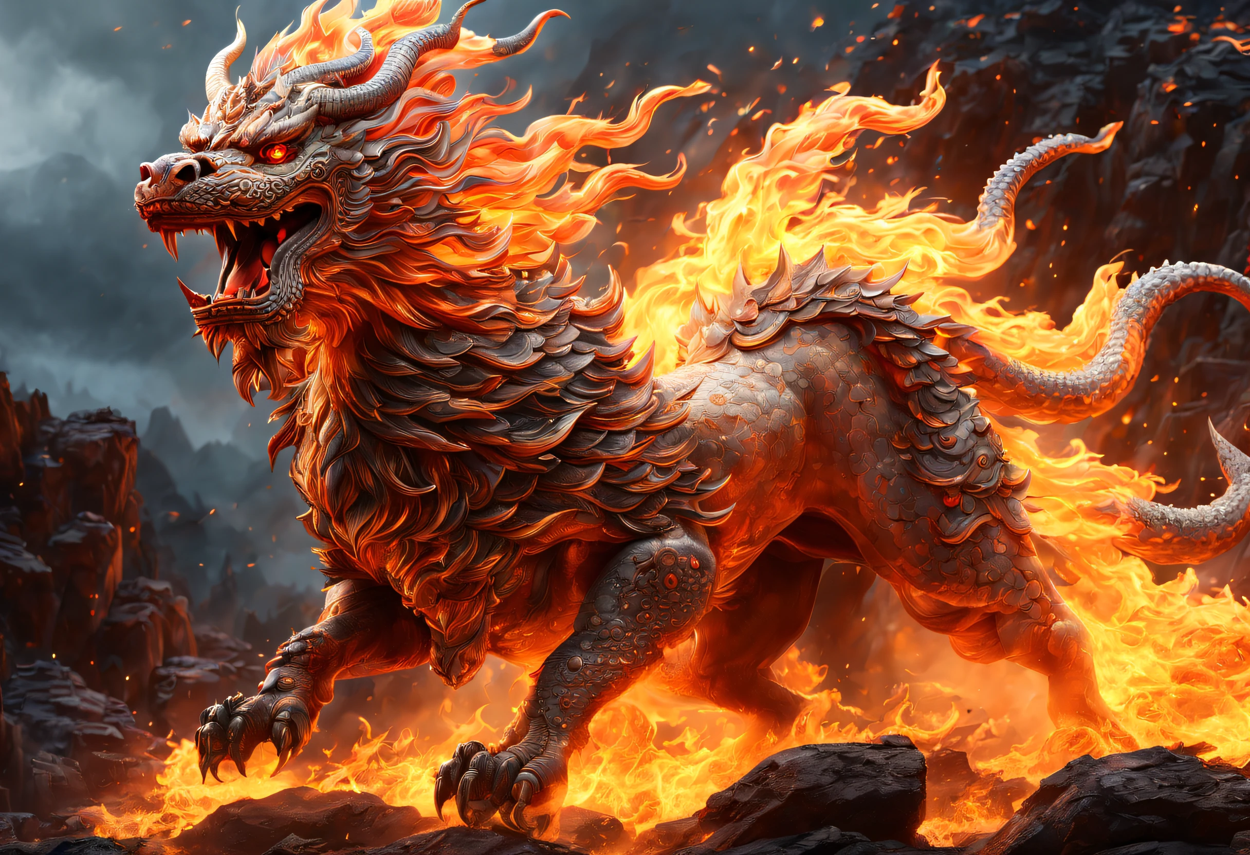 (Best quality,Masterpiece, Intricate,Ultra detail,Realistic,RAW photo,8K  UHD,超高分辨率,Photorealistic style,Cinematic scenes, Sharp focus,Dramatic lighting,extremely detailed CG unity wallpaper) ,Fire Qilin，Fire Qilin in volcanic lava