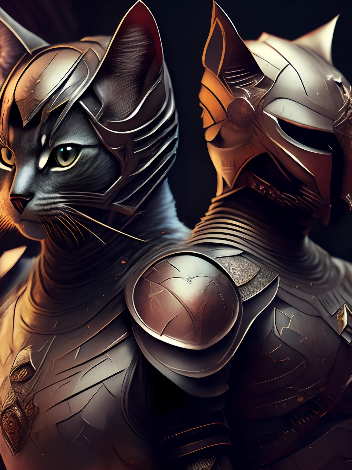 (Realistic:1.3), posters,intricate detailed, ((cinematic light)), cats,hybrid,Realistic hype, Scary, full entire body,dark fantasy \(style\), detailed armor, detailed helmet