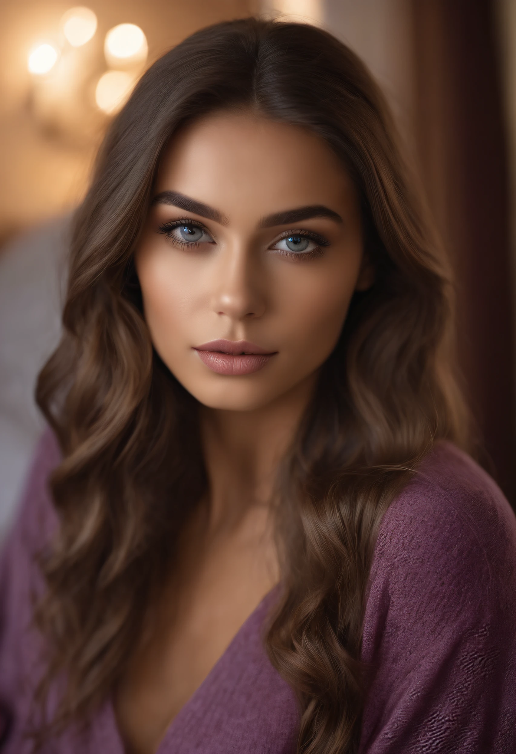 Hispanic woman completely , fille sexy aux yeux bruns, ultra realist, Meticulously detailed, Portrait Sophie Mudd, cheveux brun et grands yeux, selfie of a young woman, Yeux de chambre, Violet Myers, sans maquillage, maquillage naturel, looking straight at camera, Visage avec Artgram, Maquillage subtil, Great photo of the whole body kneeling on the bed, dans la chambre, Medium to large bust of normal buttock size