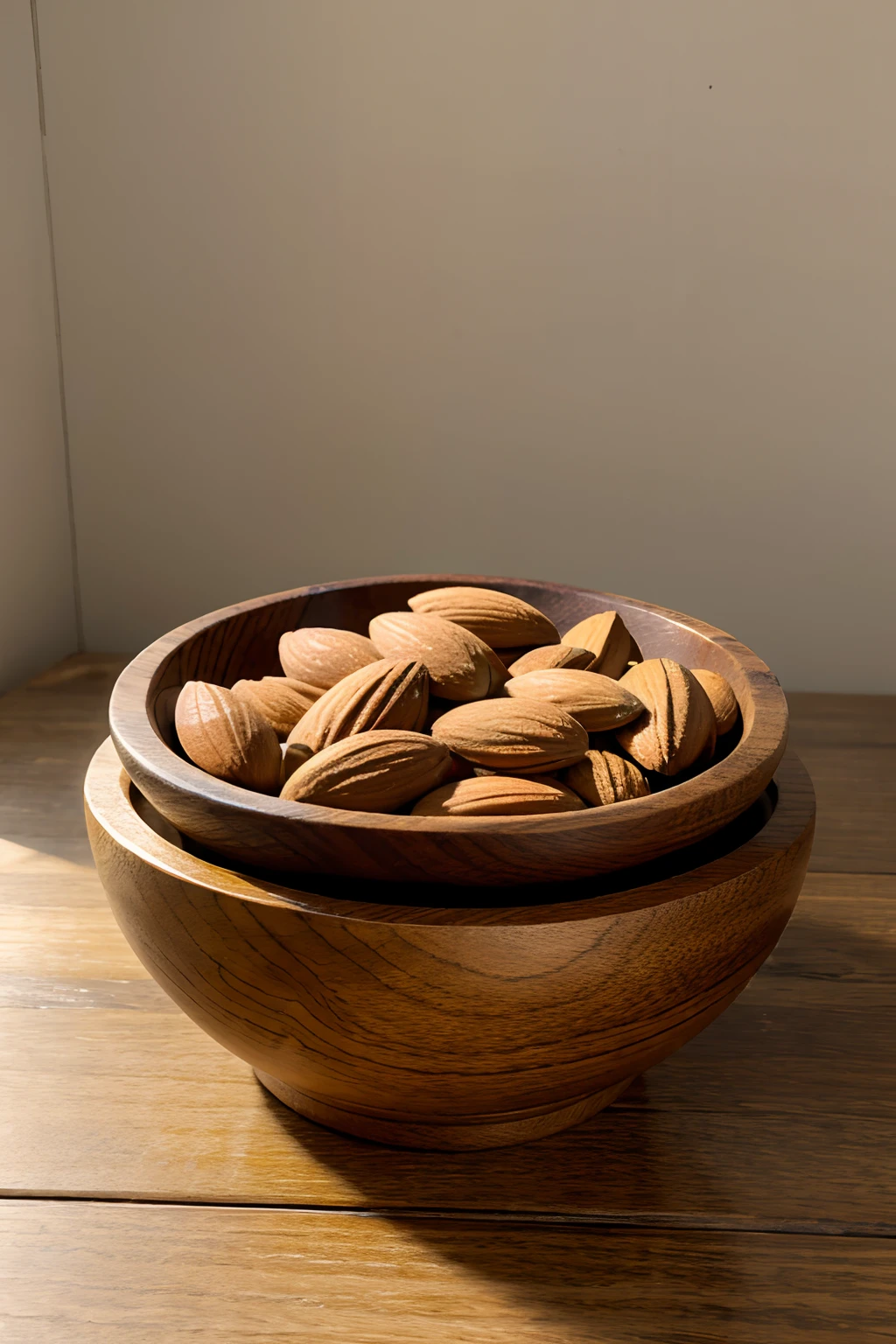 Wooden bowl、Put the almonds together