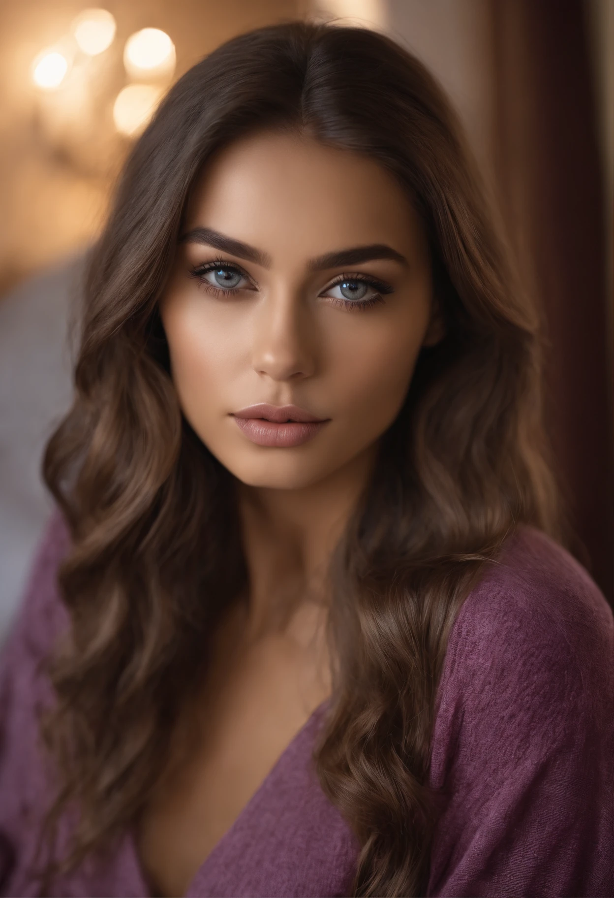 Hispanic woman completely , fille sexy aux yeux bruns, ultra realist, Meticulously detailed, Portrait Sophie Mudd, cheveux brun et grands yeux, selfie of a young woman, Yeux de chambre, Violet Myers, sans maquillage, maquillage naturel, looking straight at camera, Visage avec Artgram, Maquillage subtil, Great photo of the whole body kneeling on the bed, dans la chambre, Medium to large bust of normal buttock size