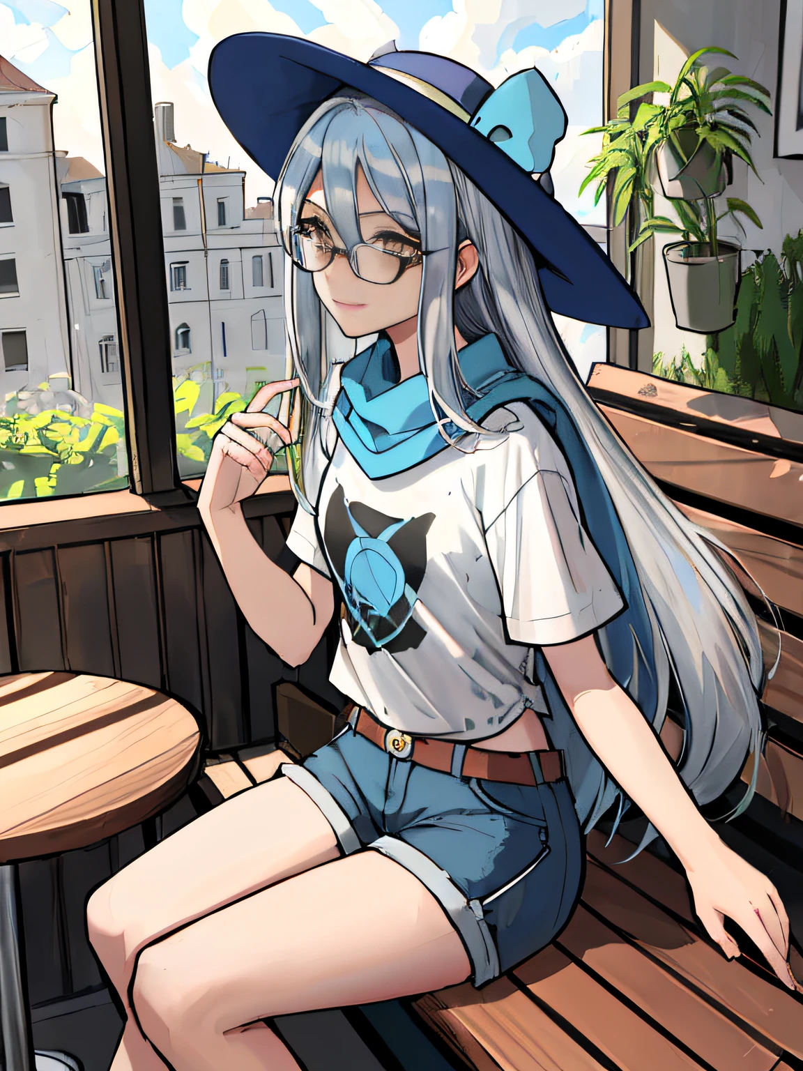 (absurdres, 8k, 4k, masterpiece, hyper extreme detailed:1.2), solo, 1girl, side view portrait, best quality, expressive eyes, perfect face, 1girl, portrait, solo, Female, mature female, adult, silver hair, brown eyes, light smile, birds, small bust, blue graphic t-shirt, blue scarf, shorts, long hair, straight hair, drawing, swept bangs, cowboy shot, half body, silver hair, expressive eyes, perfect eyes, cafe background, glasses, artist, artistic, creative, creativity, passion, passionate, friendly, sitting down, bench, cafe background, blue skies, sun, clouds, window, eg_azura, you_azura, hat_azura, res_azura, light smile, graphic t-shirt,