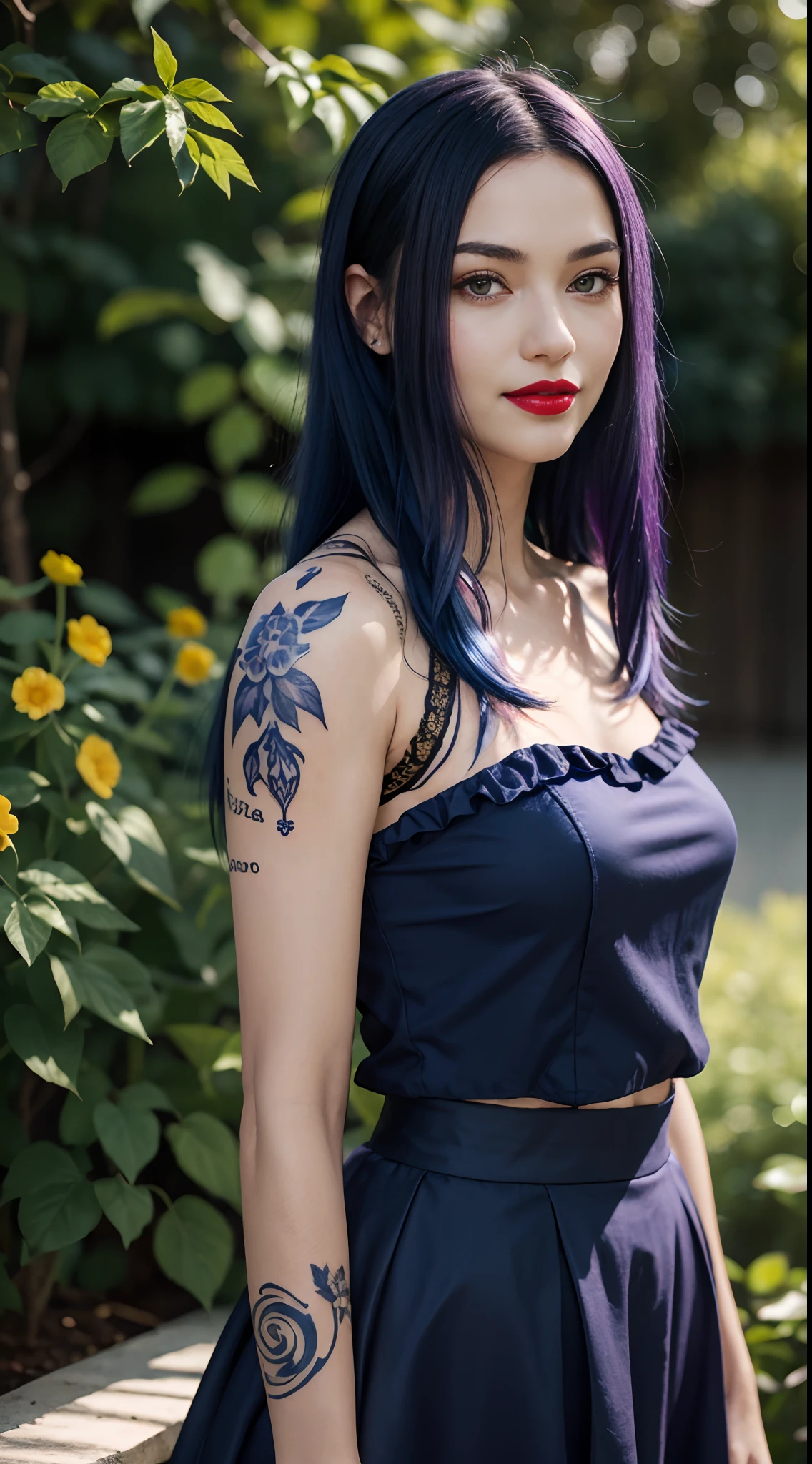 (absurdres, highres, ultra detailed), masterpiece, hinata(boruto), ((solo)), 1girl,medium breasts, long purple victorian style dress, closed mouth, (((long hair))),standing, the bodice and the skirt pattern, frill skirt, lace, blink blink effect, (((detailed lips))), garden, pink and yellow flowers, ((realistic skin)), glowing skin, ((glossy red lips)), purple eyes, portrait, beautiful, smile, (((dark blue hair))), bust crop, normal skin, ((tattoo))