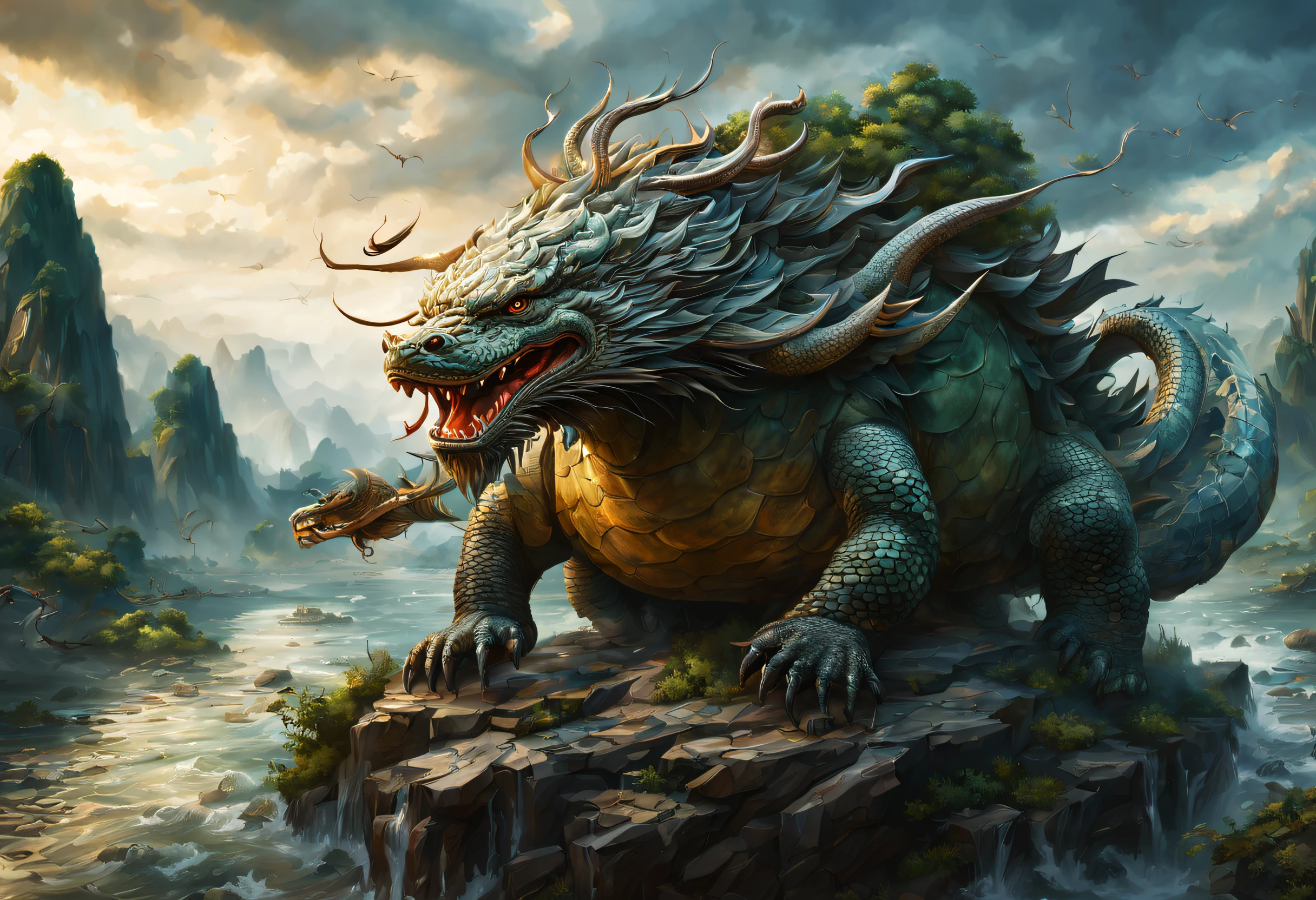 (Best quality,tmasterpiece, iintricate,Hyper-detailing,1.4x realism,RAW photo,8K UHD,超高分辨率,Photorealistic style,Cinematic scenes, Sharp focus,Dramatic lighting,extremely detailed CG unity wallpaper,Full body photo) ,Xuanwu Jing sat on a boulder in the center of the lake,A mythical beast in Chinese mythology(Xuanwu),The style of Xuanwu combines the characteristics of turtles and snakes。A huge tortoise shell covers its sturdy body,It has a black or dark blue sheen。Its limbs are strong and powerful,The claws are born with hard dragon claws。Its head has a Qilin-like head and sharp eyes,Also has a pair of dragon wings,When unfolded, it looks like a black cloud,Let people feel its endless power