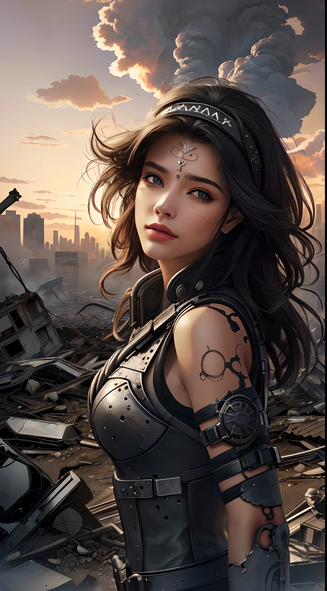 1mujer, Mujer Maravilla,(Beautiful and detailed eye description),(Mujer Maravilla:1.4),(Apocalyptic city destroyed:1.4), UHD, 8k, 1080p.motor irreal:1.4,UHD,La mejor calidad:1.4, fotorrealista:1.4, textura de la piel:1.4, obra maestra:1.8,obra-prima, mejor calidad,(Beautiful and detailed eye description)