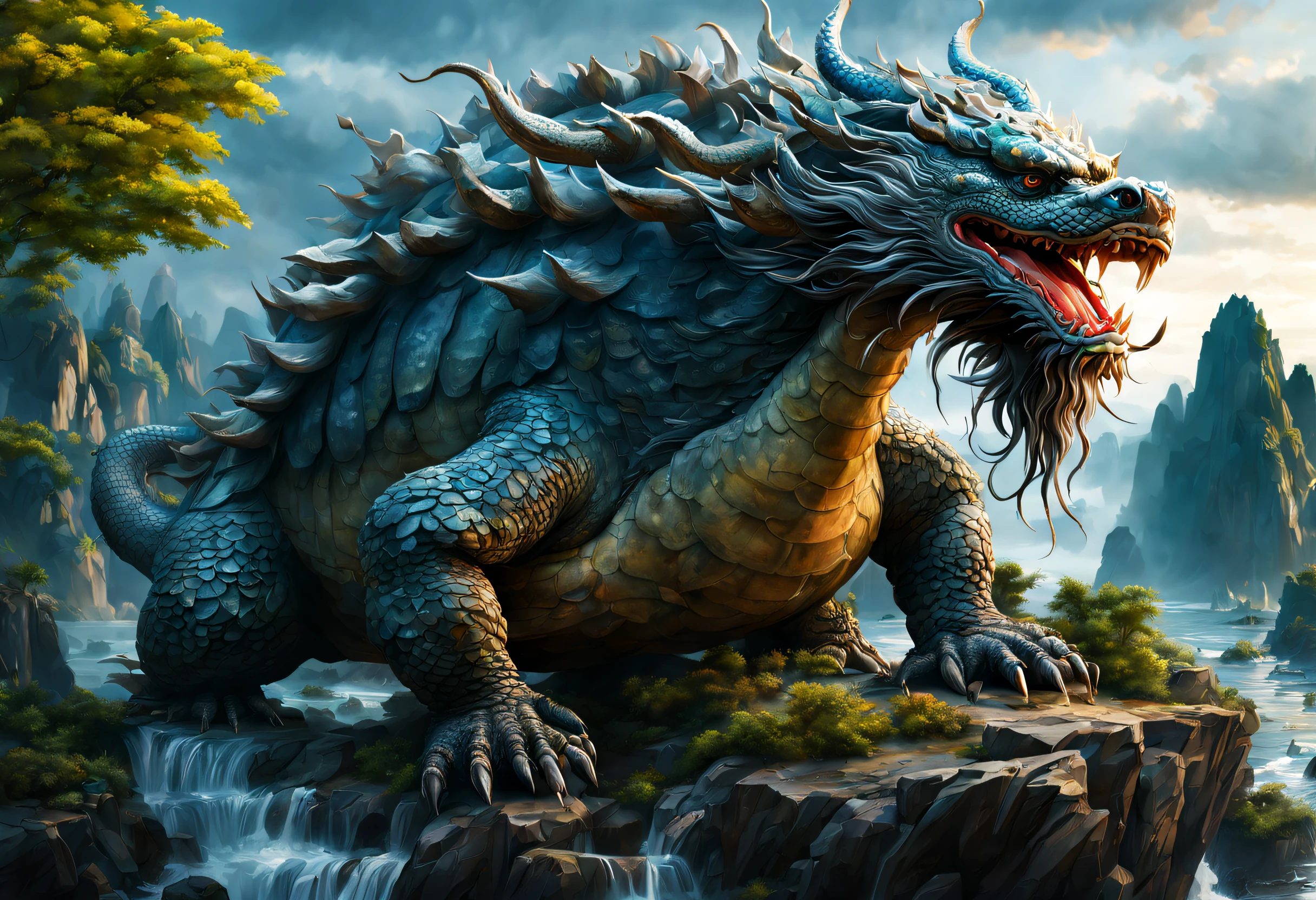 (Best quality,tmasterpiece, iintricate,Hyper-detailing,1.4x realism,RAW photo,8K UHD,超高分辨率,Photorealistic style,Cinematic scenes, Sharp focus,Dramatic lighting,extremely detailed CG unity wallpaper,Full body photo) ,Xuanwu Jing sat on a boulder in the center of the lake,A mythical beast in Chinese mythology(Xuanwu),The style of Xuanwu combines the characteristics of turtles and snakes。A huge tortoise shell covers its sturdy body,It has a black or dark blue sheen。Its limbs are strong and powerful,The claws are born with hard dragon claws。Its head has a Qilin-like head and sharp eyes,Also has a pair of dragon wings,When unfolded, it looks like a black cloud,Let people feel its endless power
