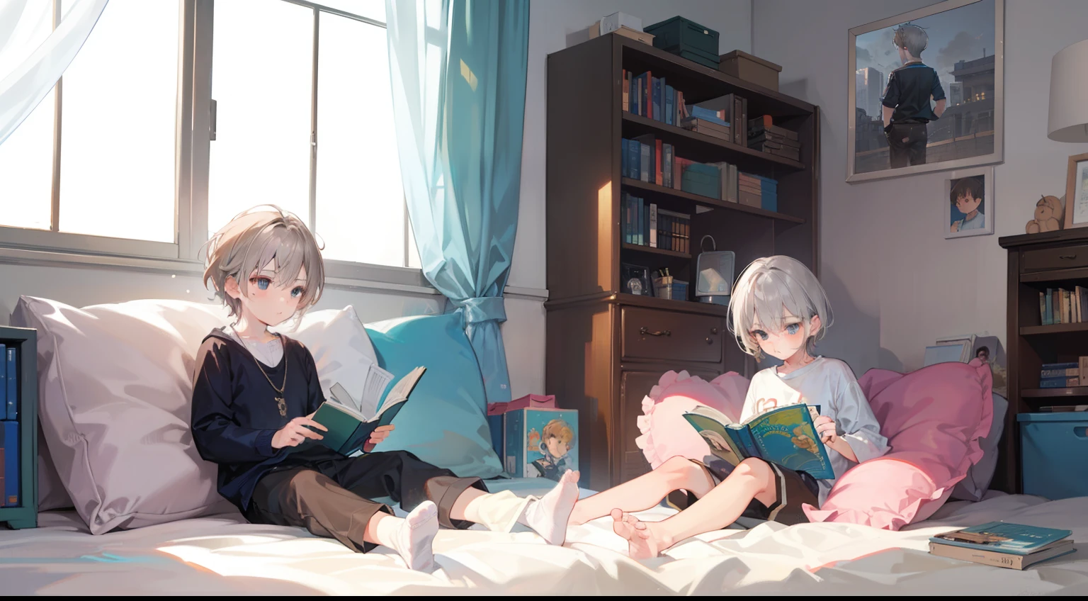 Two , Silver-haired boy and brown-haired boy,Boy's room、sofas、Reading a book、Boys Love、Talking、hight resolution、ultra-detailliert
