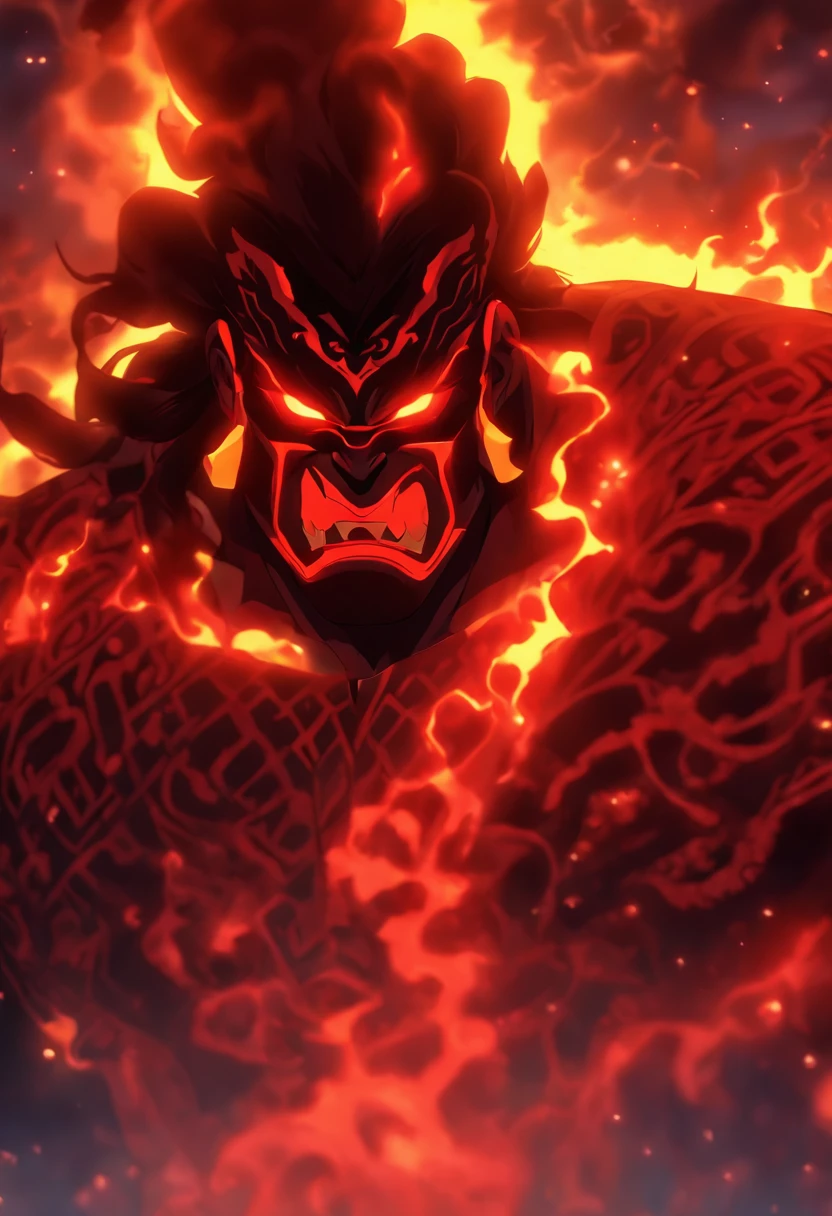 ((best quality)) , ((masterpiece)) , (detailed),horns, giant, glowing, glowing eyes, beard, male focus, 1boy, helmet, holding, facial hair, fur trim, teeth, muscular,Blood Mist, background Urban rooftop,despair,Blood Cherry Blossom,torn clothes,crying with eyes open,solo,Blood Rain,bandages,Gunpowder smoke,beautiful deatailed shadow, Splashing blood,dust,tyndall effect