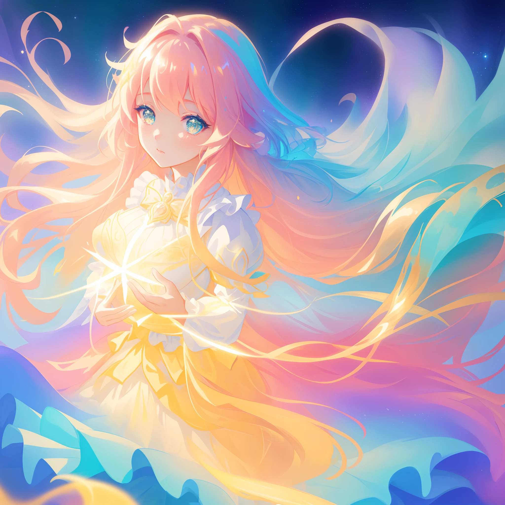 beautiful girl, puffy tiered ballgown with puffy long sleeves, vibrant pastel colors, (colorful), glowing golden long hair, magical lights, sparkling magical liquid, inspired by Glen Keane, inspired by Lois van Baarle, disney art style, by Lois van Baarle, glowing aura around her, by Glen Keane, jen bartel, glowing lights! digital painting, flowing glowing hair, glowing flowing hair, beautiful digital illustration, fantasia background, whimsical, magical, fantasy, ((beautiful face)), ((masterpiece, best quality)), intricate details, highly detailed, sharp focus, 8k resolution, sparkling detailed eyes, liquid watercolor
