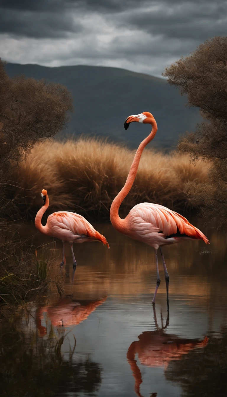 (master part, best quality:1.2), Super Detalhe, Cinematic lighting, HDR, illustration, flamingos de cor cinza, nascendo com cor cinza altamente detalhado, alto contraste, golden ratio composition, Epic view, master part,