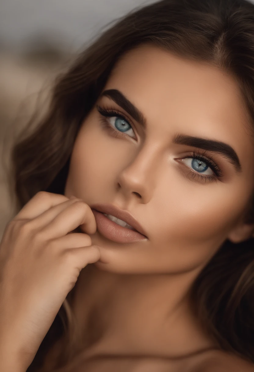 Arafed Mujer totalmente , Chica sexy con ojos azules, ultra realista, meticulosamente detallado, Retrato Sophie Mudd, cabello rubio y ojos grandes, selfie de una mujer joven, Ojos del dormitorio, Maquillaje natural, staring directly into camera, cara con artgram, maquillaje sutil, Impresionante foto de cuerpo completo arrodillado en la arena, En la playa, Medium-sized bust; ;desnudo