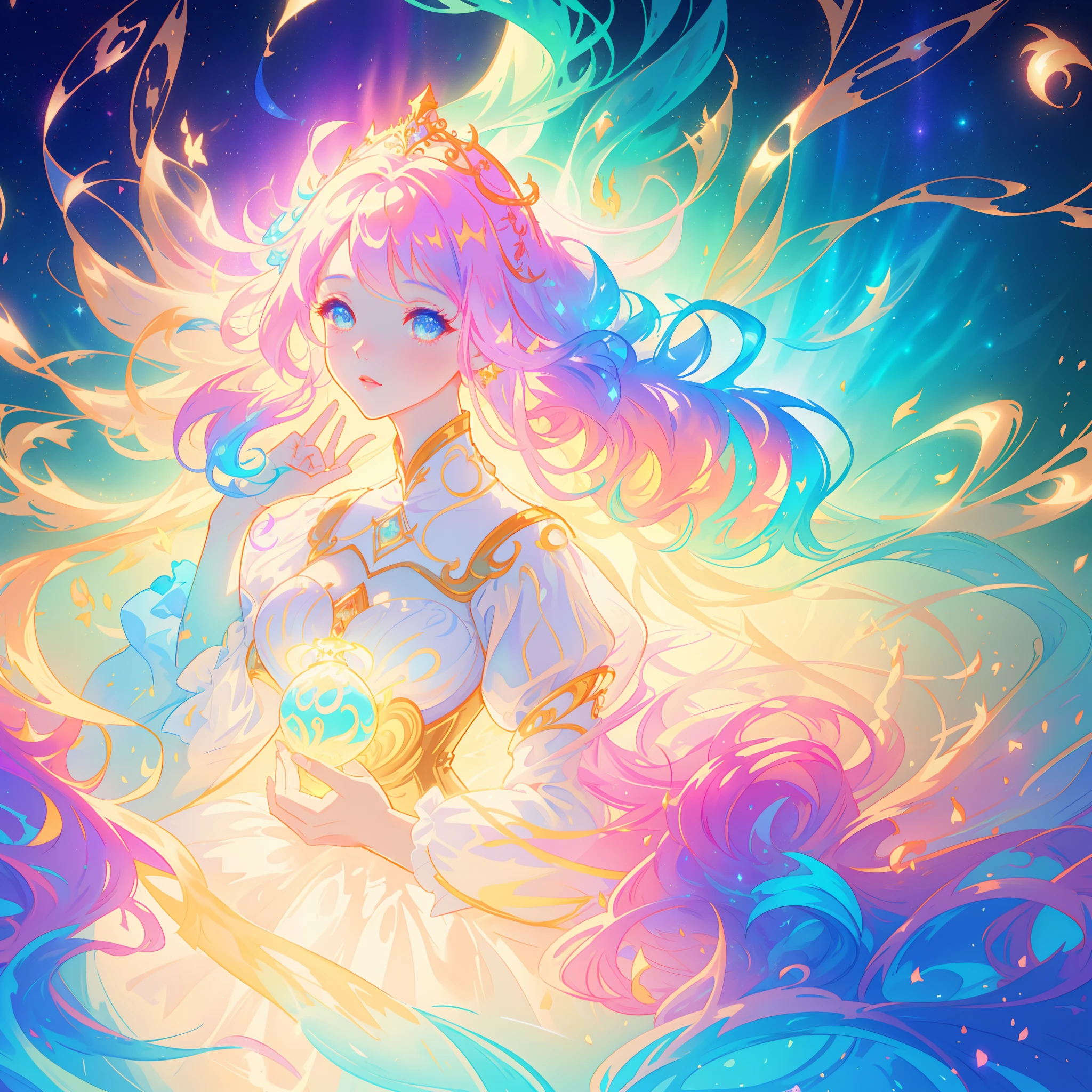 beautiful girl, puffy tiered ballgown with puffy long sleeves, vibrant pastel colors, (colorful), glowing golden long hair, magical lights, sparkling magical liquid, inspired by Glen Keane, inspired by Lois van Baarle, disney art style, by Lois van Baarle, glowing aura around her, by Glen Keane, jen bartel, glowing lights! digital painting, flowing glowing hair, glowing flowing hair, beautiful digital illustration, fantasia background, whimsical, magical, fantasy, ((beautiful face)), ((masterpiece, best quality)), intricate details, highly detailed, sharp focus, 8k resolution, sparkling detailed eyes, liquid watercolor