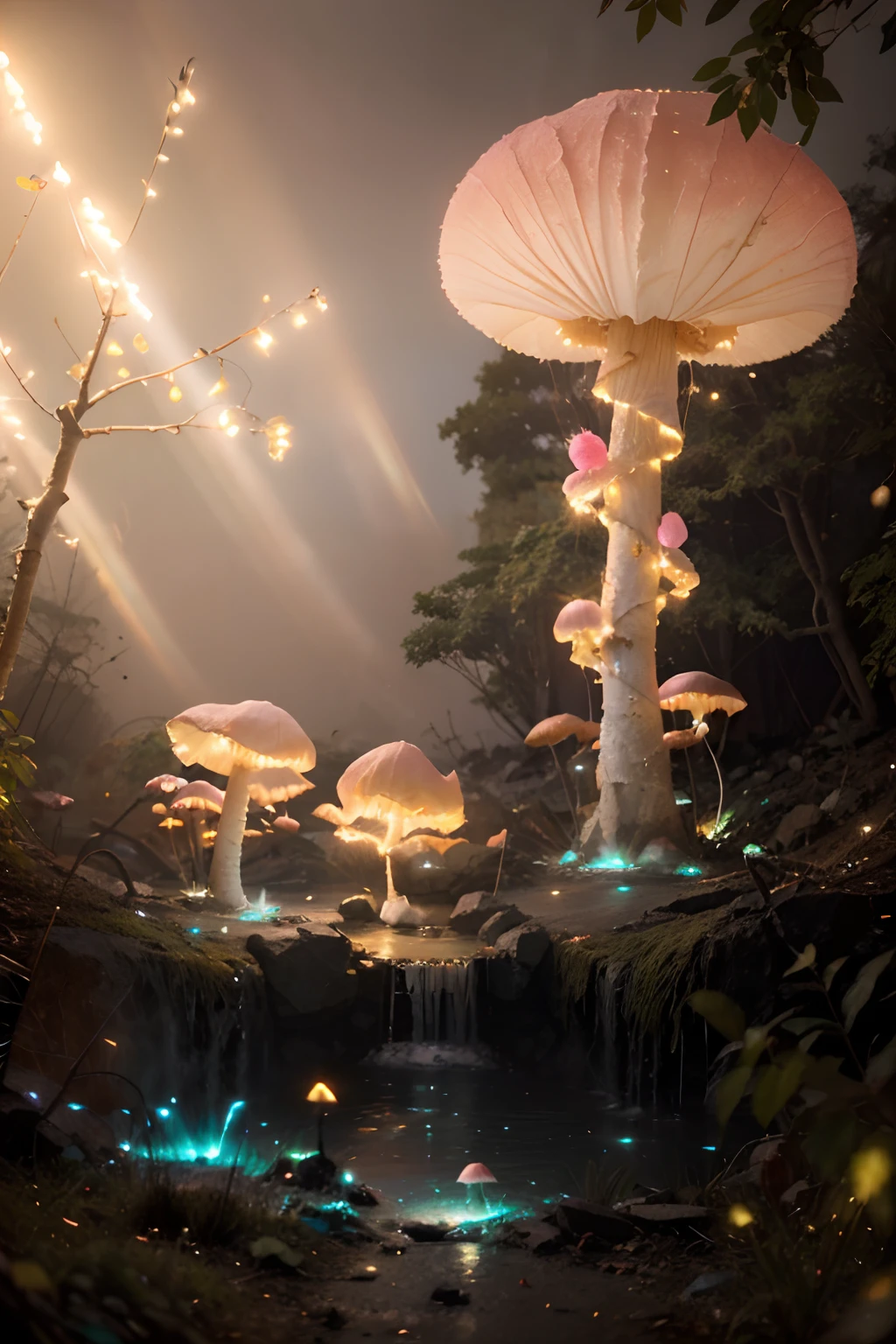 fluffy pink cotton candy gossamer mushroom trees, glowing bioluminescent rolling paths that tumble water spilling cascading rubble tumble timing padded leaves red pandas tiny yellow fairies darkness small lighted fires in circles, 24k resolution, hyperdetailed, photorealistic mythical mystical misty low foggy dews pixies porcelain elephants, fairy stories
