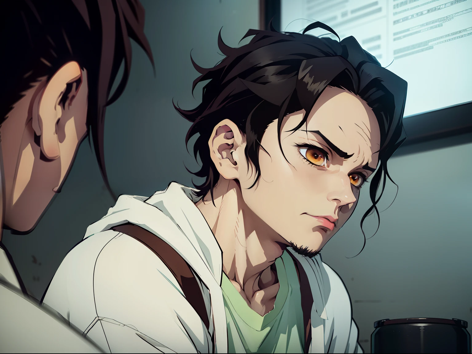 <lora:AsakuraYoh:.75>, asakurayoh, 1boy, brown hair, brown eyes, orange headphones, necklace, black pants, white shirt, open shirt, parted bangs, chest, hard light, dramatic lighting, sharp shadows, high contrast