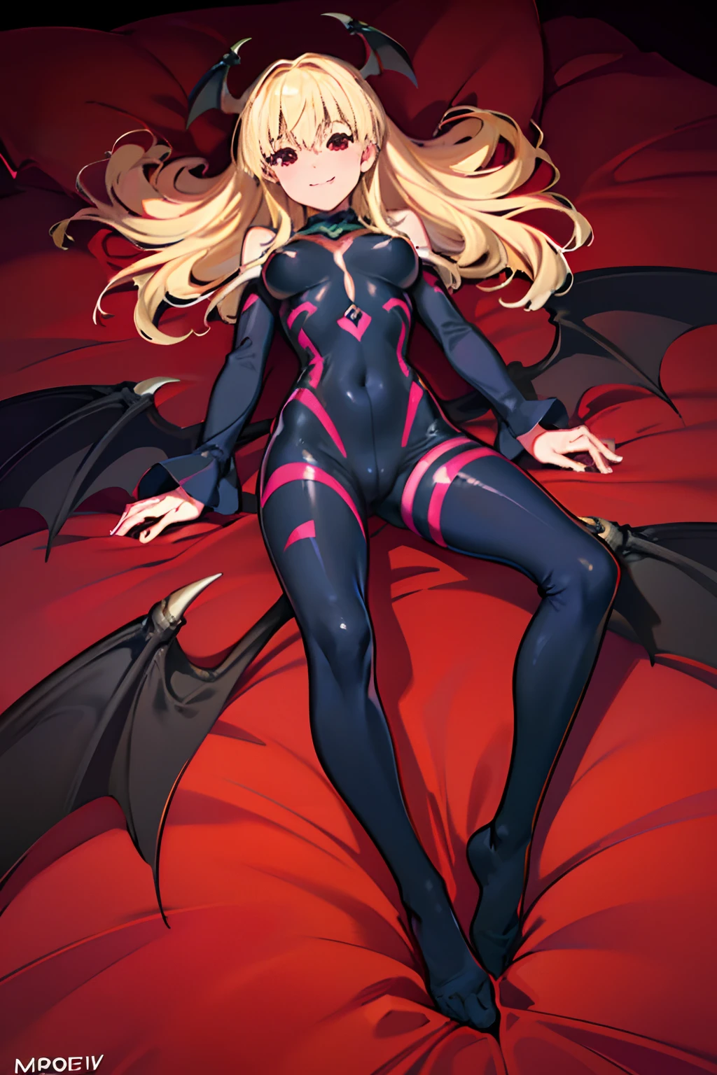 Carefully draw the face　5 year old girl　High-quality faces in anime style　a blond　Shiny black full body suit　Red lines all over the body　seductiv　a smile　Morrigan Aensland　Lying face down