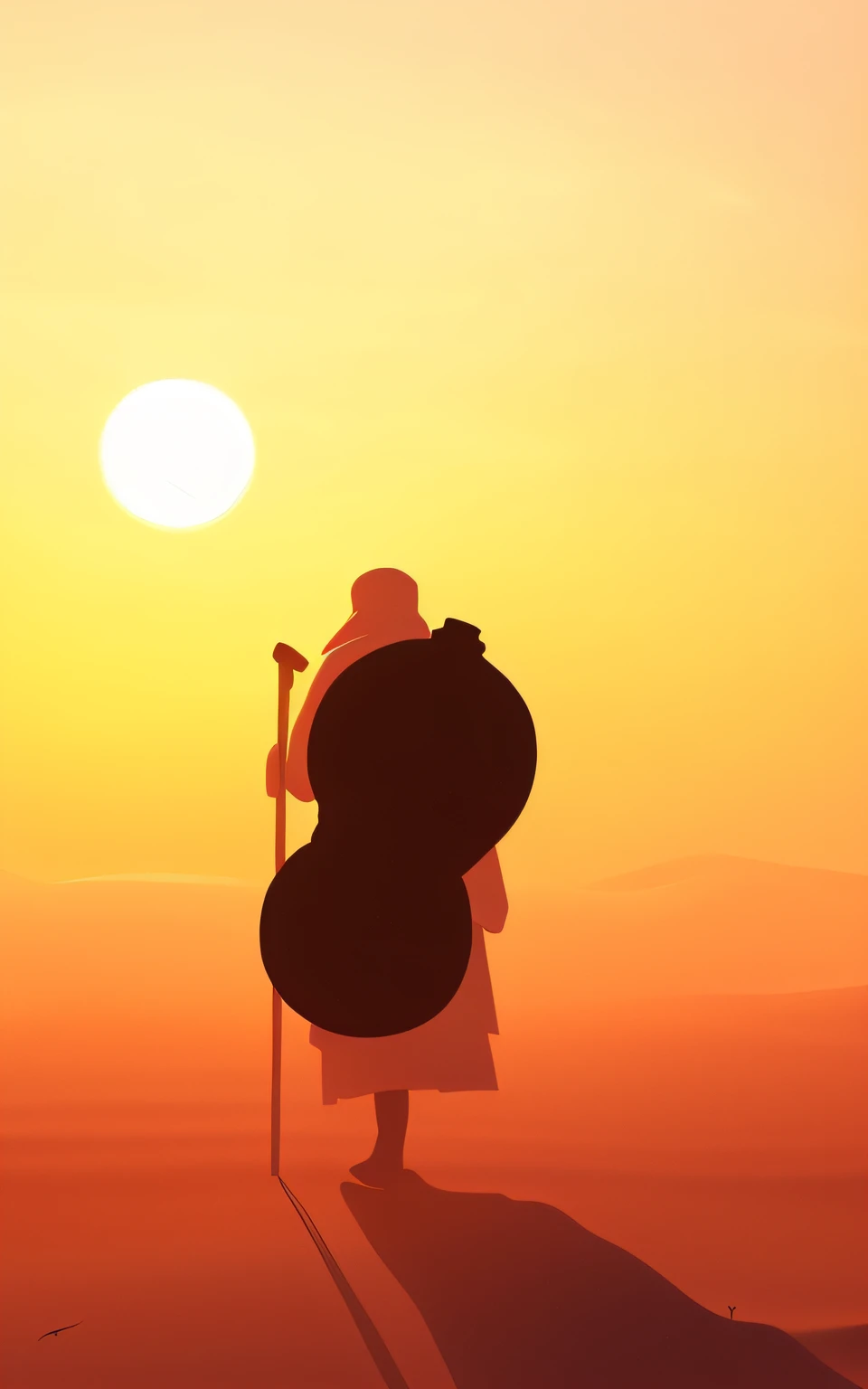 Illustration of a man with a gourd and a stick standing in the desert, jornada thatgamecompany, animation movie still, Atey Ghailan 8 K, animation still, em estilo de atey ghailan, Directed by: Atey Ghailan, inspirado em Atey Ghailan, animado ainda, Dan McPharlin, in the sunset, arte renderizada, arte de fundo