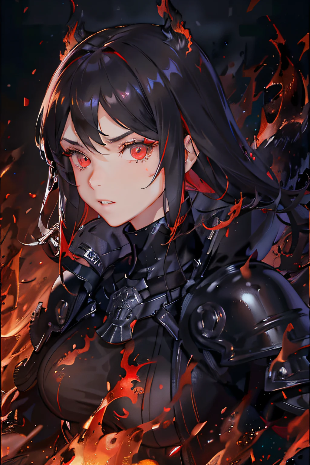 (masterpiece, best quality, extremely detailed CG, beautiful detailed eyes, ultra-detailed, intricate details:1.2), 8k wallpaper, elaborate features, (1girl, solo:1.4), long hair, light brown hair, swept bangs, angry, looking at viewer, detailed red eyes, red fire, red flame, magic surrounds, night, dark, ((black armor)), upper body, ((((dark flames background)))), armored coat, black pants, armored gloves, large breasts, ((((red fire everywhere)))), (((((detailed face))))) (((((detailed eyes)))))