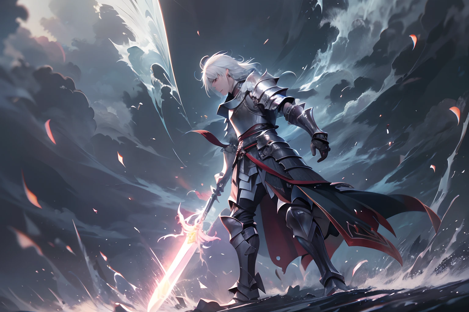 (a teenager male knight in cracked sliver armor), handsome, water element sword light from the sky, lots of swords point at the knight, silver hair, black hair, gradient hair, chiaroscuro, cinematic lighting, god rays, ray tracing, reflection light, ((close-up)), masterpiece, best quality, high quality, high details, highest, accurate, anatomically correct, textured skin, UHD, 1080P, ((anime)), dark times