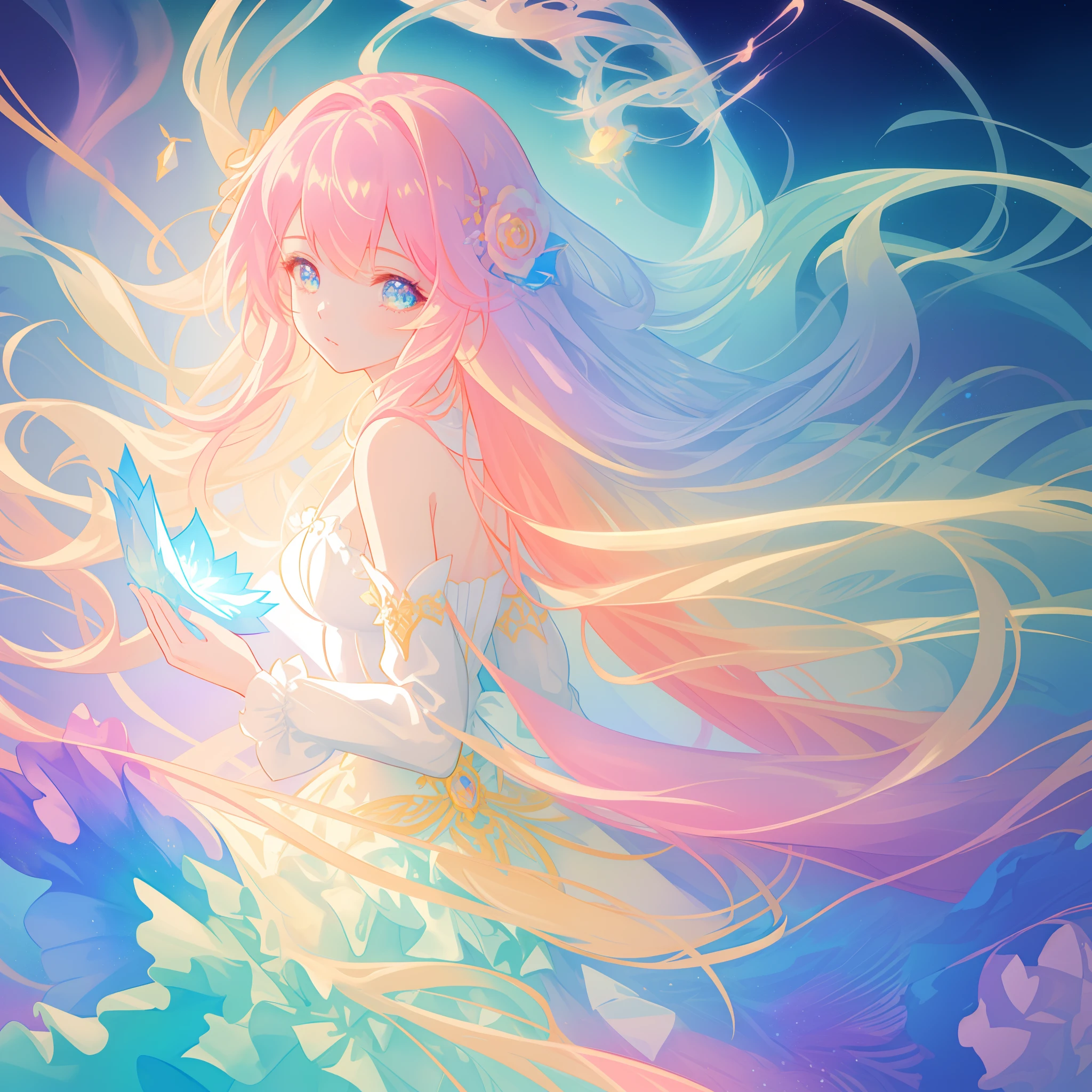 beautiful girl, puffy tiered ballgown with puffy long sleeves, vibrant pastel colors, (colorful), glowing golden long hair, magical lights, sparkling magical liquid, inspired by Glen Keane, inspired by Lois van Baarle, disney art style, by Lois van Baarle, glowing aura around her, by Glen Keane, jen bartel, glowing lights! digital painting, flowing glowing hair, glowing flowing hair, beautiful digital illustration, fantasia background, whimsical, magical, fantasy, ((beautiful face)), ((masterpiece, best quality)), intricate details, highly detailed, sharp focus, 8k resolution, sparkling detailed eyes, liquid watercolor
