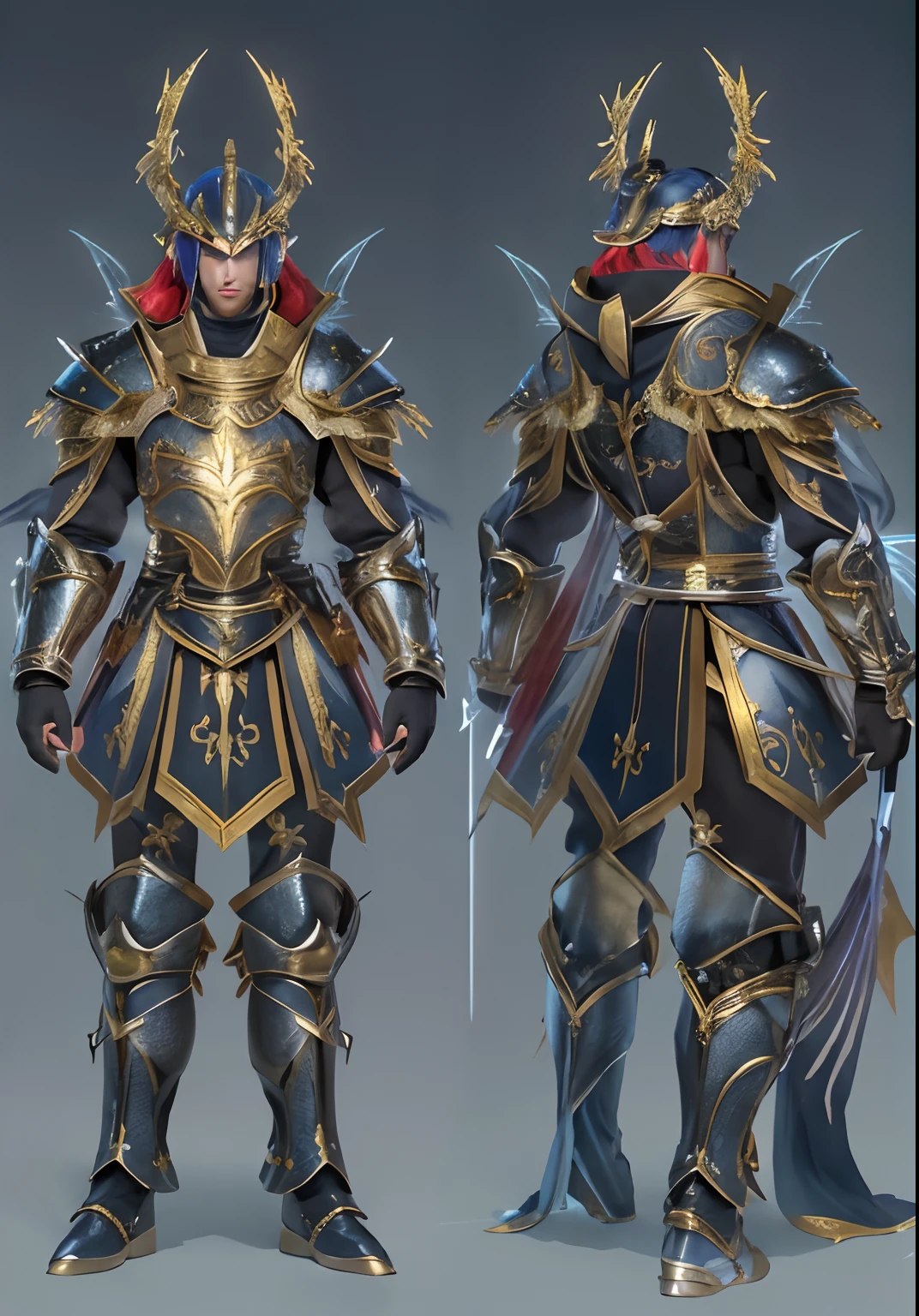 Design a male character who is a knight and has a strong sense of justice.. golden+Black Armor, Stylish and unique. Use a large sword.. volumetric light, realism BREAK (masterpiece:1.2), (bestquality), 10, ultra-detail, (dynamic composition: 1.4), high-detail, Colorful details, (Gloomy colors: 1.2), (Illumination, atmospheric lighting), gloomy, superb, (bara: 1.4), (((Full hand gloves))), Dragon Warrior, Catalogue of weapons, (Magic wings on the shoulders)