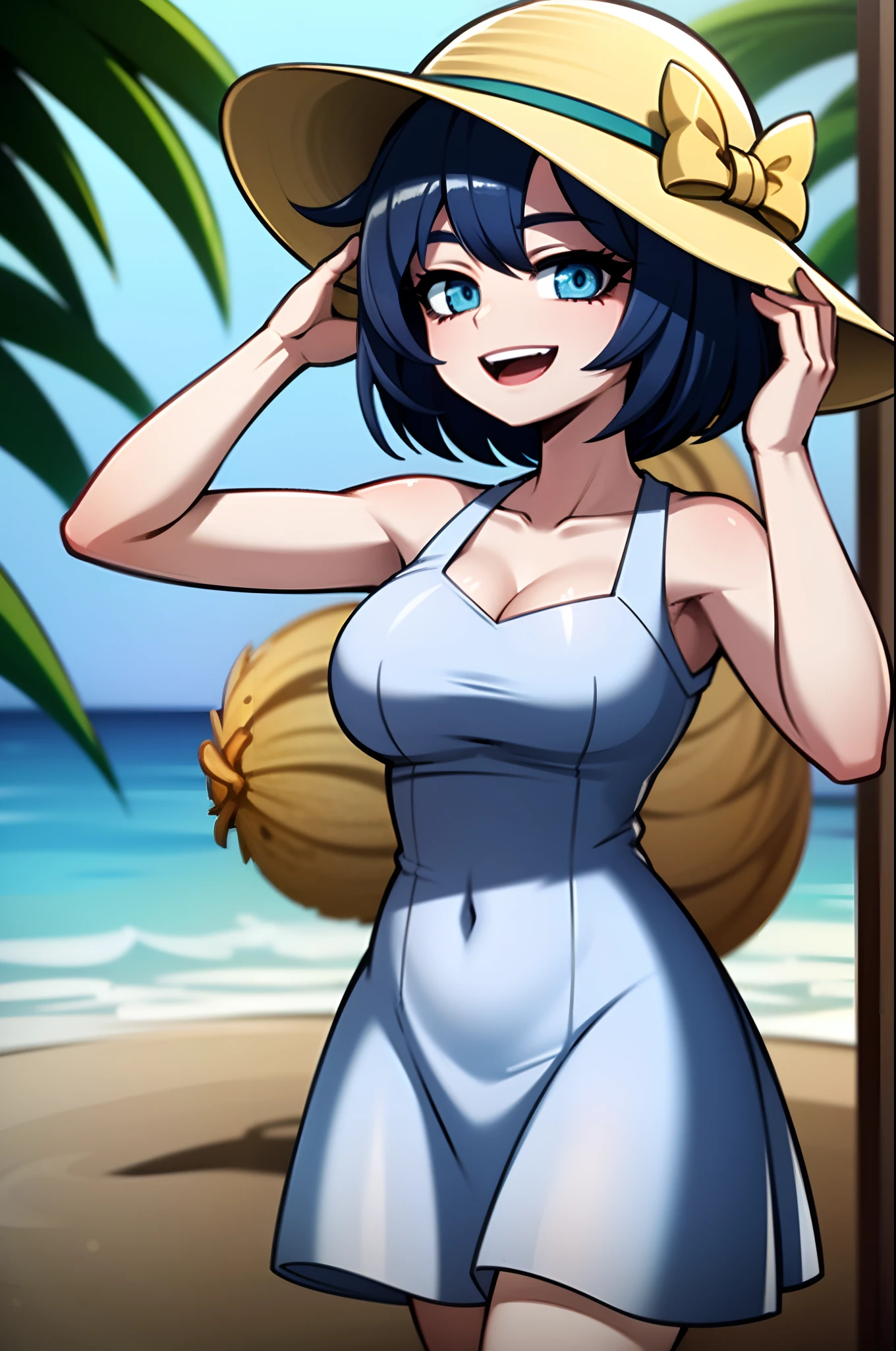 ((masterpiece, best quality)), (1girl), (solo), (female focus), (ahoge, blue hair, short hair), blue eyes, light smile, open mouth,big boobs, ((blue - white dress), beach dress)), (sun hat), standing, beach background