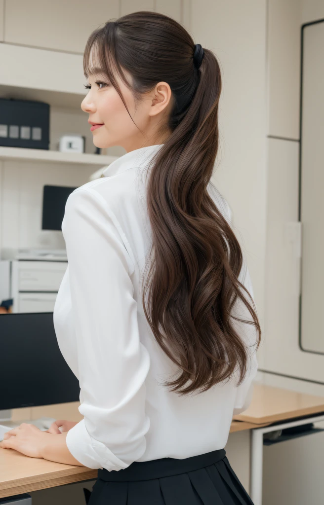 (Best quality, 8k, 32k, Masterpiece, UHD:1.2), from behind, 1 walking girl, beautiy Japanese office lady, (smile:0.5), (looking at the the viewer), 30 years old, bit chubby, white shirt, black skirt, office room, desk, detailed beautiful face, twin-tail wavy hair, from below,