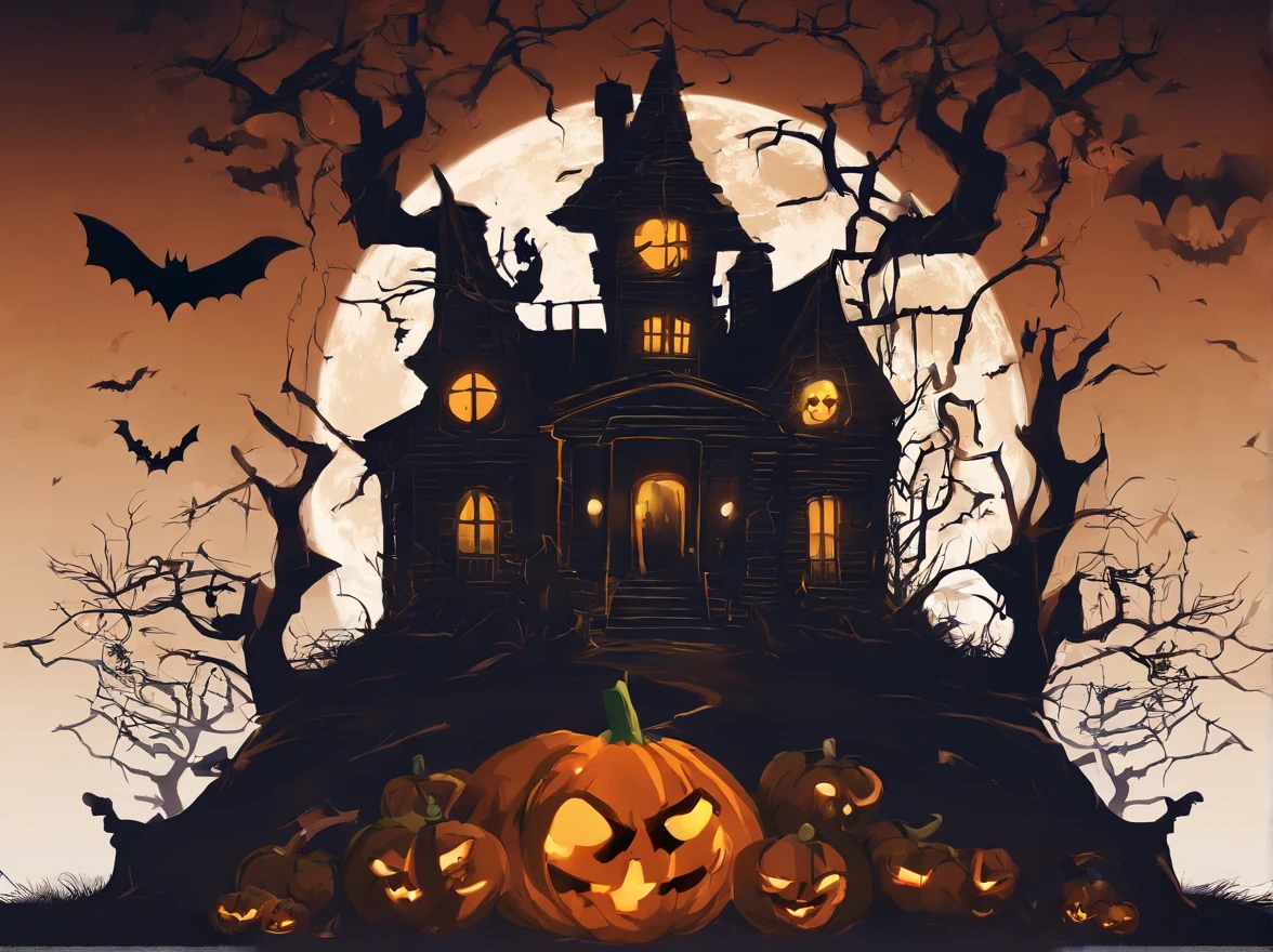 halloween poster with A sinister-looking haunted house with glowing windows and an ominous atmosphere. A full moon in the dark, cloudy sky casting an eerie glow. A creepy graveyard with tombstones, fog, and a sense of decay. A menacing black cat lurking in the shadows. A swarm of bats flying in front of the moon. A sinister-looking pumpkin with a menacing grin, possibly with a flickering candle inside. A large, spooky spider hanging from a web. An owl perched on a gnarled tree branch, with glowing eyes.