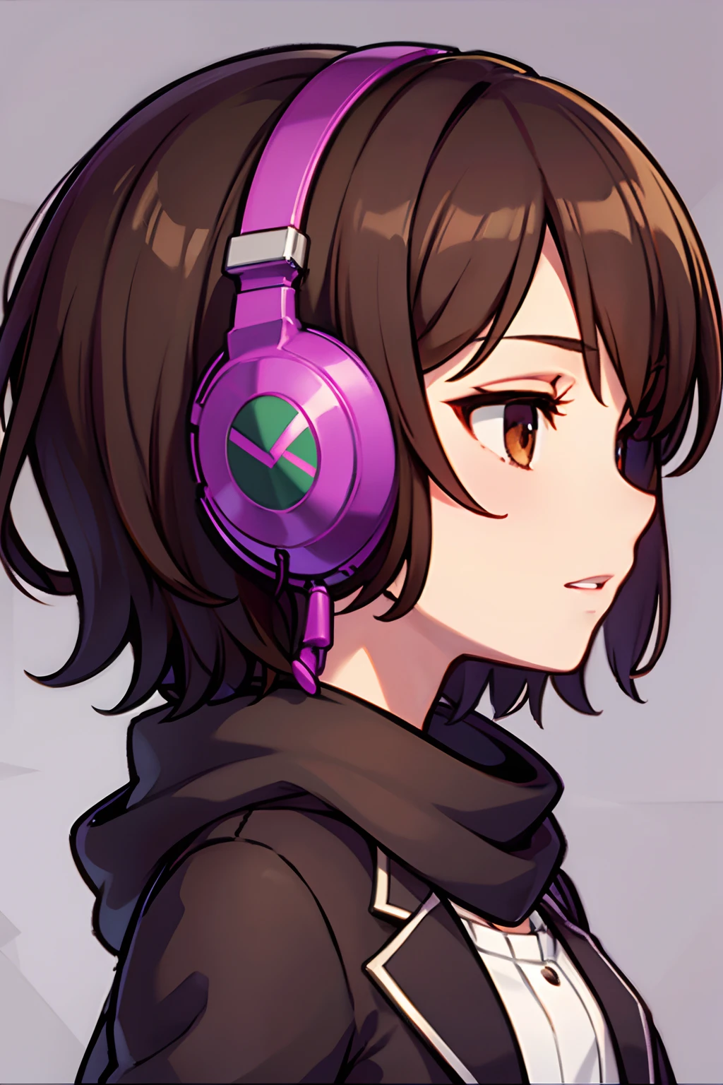 brown hair girl with short hair and purple headphones and brown eyes and black scarf close up side profile