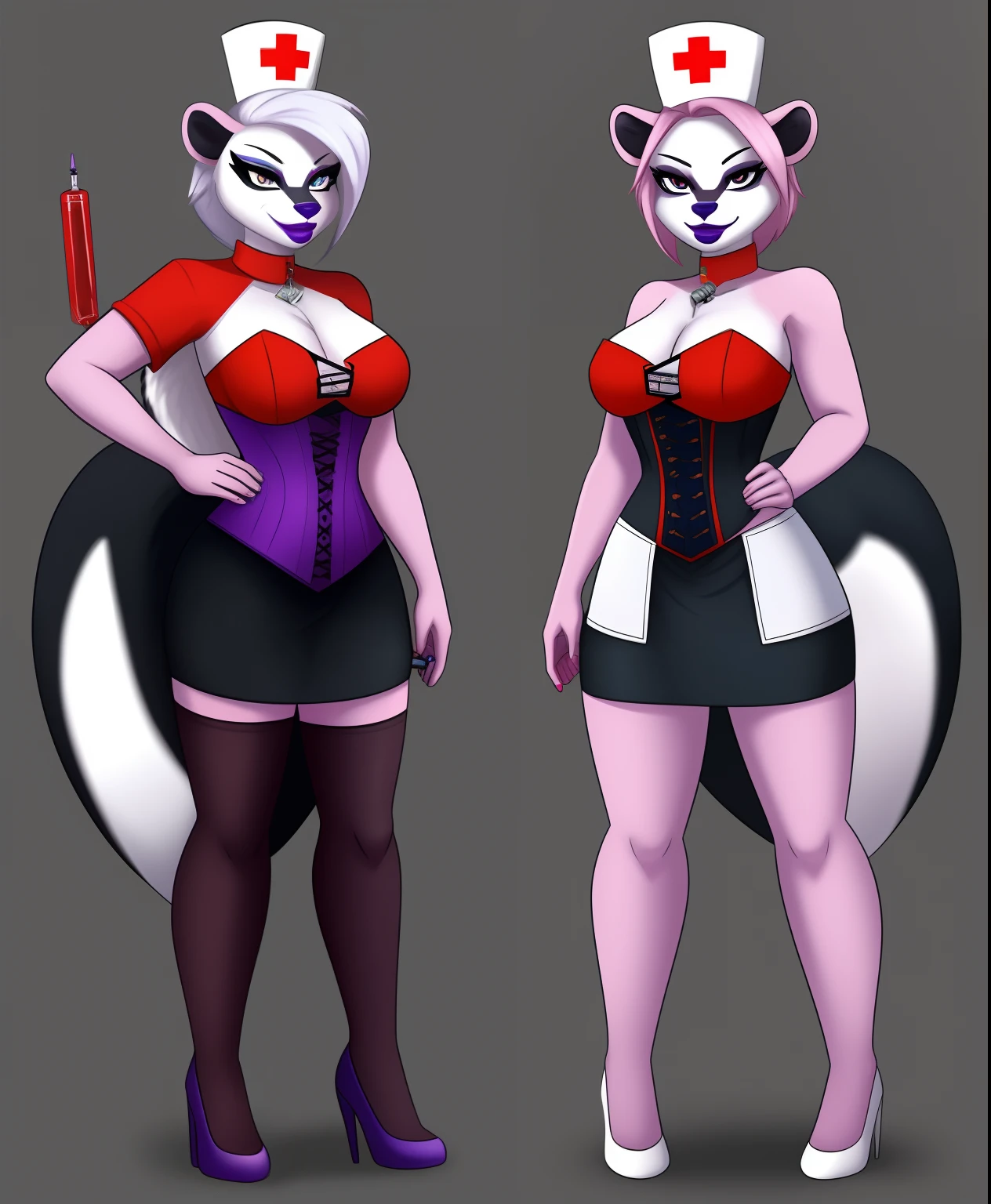 Toxic triage the female skunk supervillain, nurse corset dress, syringe needle on her right arm, surgeon knife on her left arm, purple lipstick, full body view