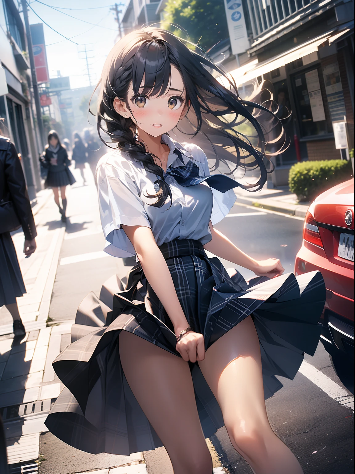 in 8K、top-quality、​masterpiece、ultra-detailliert、Ultra-high resolution、((1 persons))、girl with、校服、Braided hair、makeups、plaid skirts、heavy wind、((((Flip the skirt))))、street