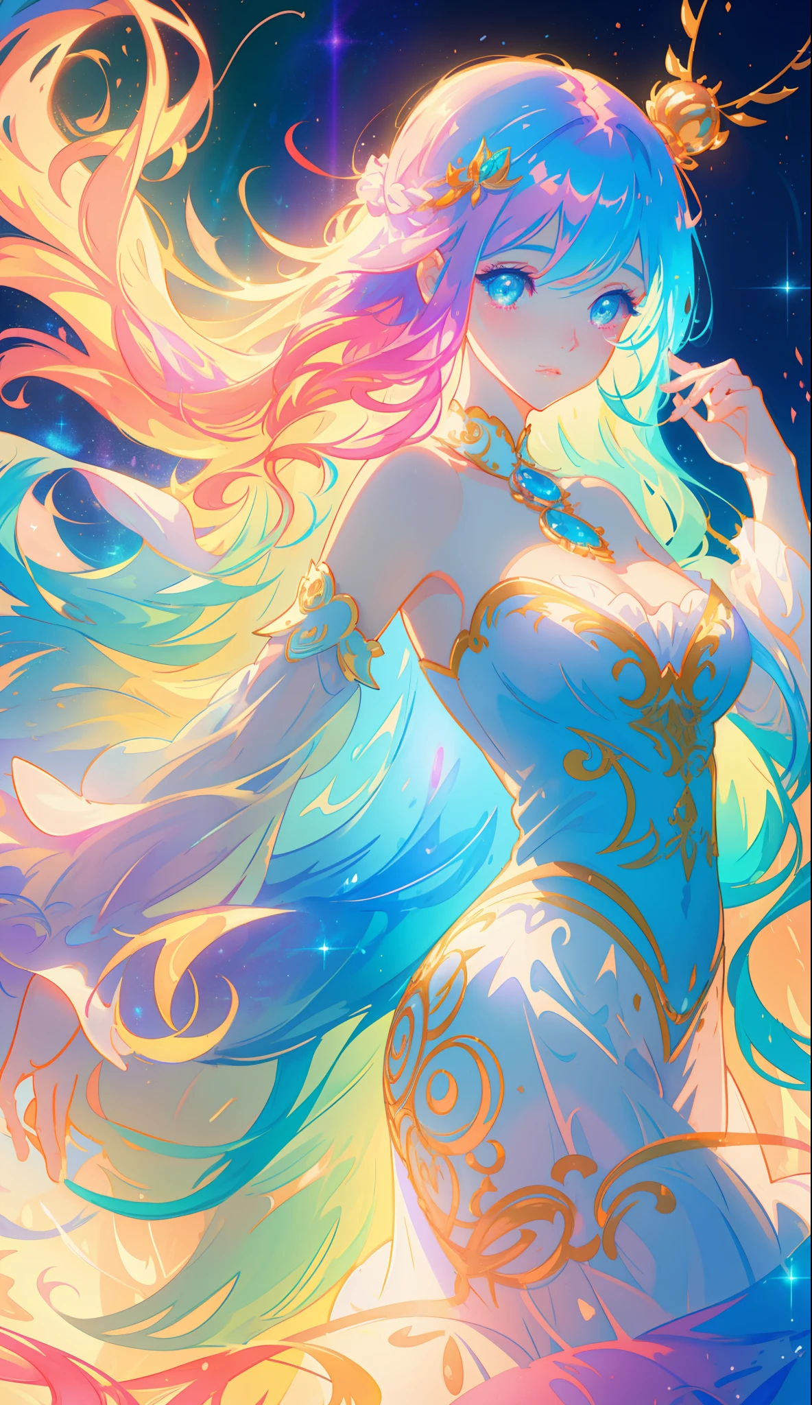 breathtaking 8k, masterpiece, solo sexy woman, (rainbow gradient bioluminescent dress), (starry night background), nebula, aurora, ((outdoors)), dark background, from below,<lora:bioluminescent_dress-1.0:1>,bioluminescent dress,