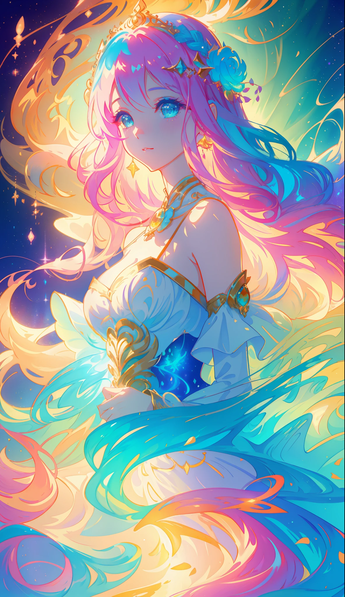 beautiful girl, puffy tiered ballgown, vibrant pastel colors, (colorful), glowing golden long hair, magical lights, sparkling magical liquid, inspired by Glen Keane, inspired by Lois van Baarle, disney art style, by Lois van Baarle, glowing aura around her, by Glen Keane, jen bartel, glowing lights! digital painting, flowing glowing hair, glowing flowing hair, beautiful digital illustration, fantasia background, whimsical, magical, fantasy, ((beautiful face)), ((masterpiece, best quality)), intricate details, highly detailed, sharp focus, 8k resolution, sparkling detailed eyes, liquid watercolor
