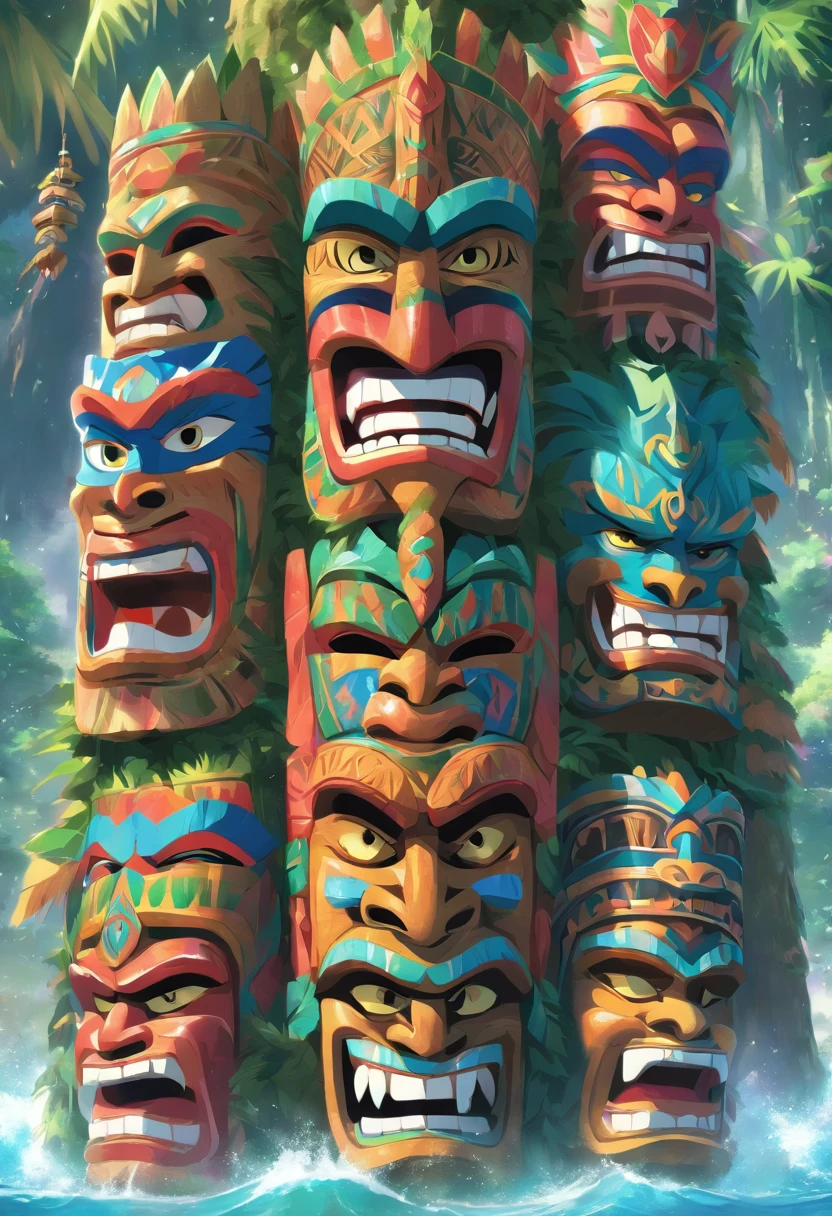 (((KU))) best quality, ultra-high resolution, 4K detailed CG, masterpiece, Tiki God, Hawaiian mythology, ((Tiki mask)), Maori image, aesthetic, screen-centric