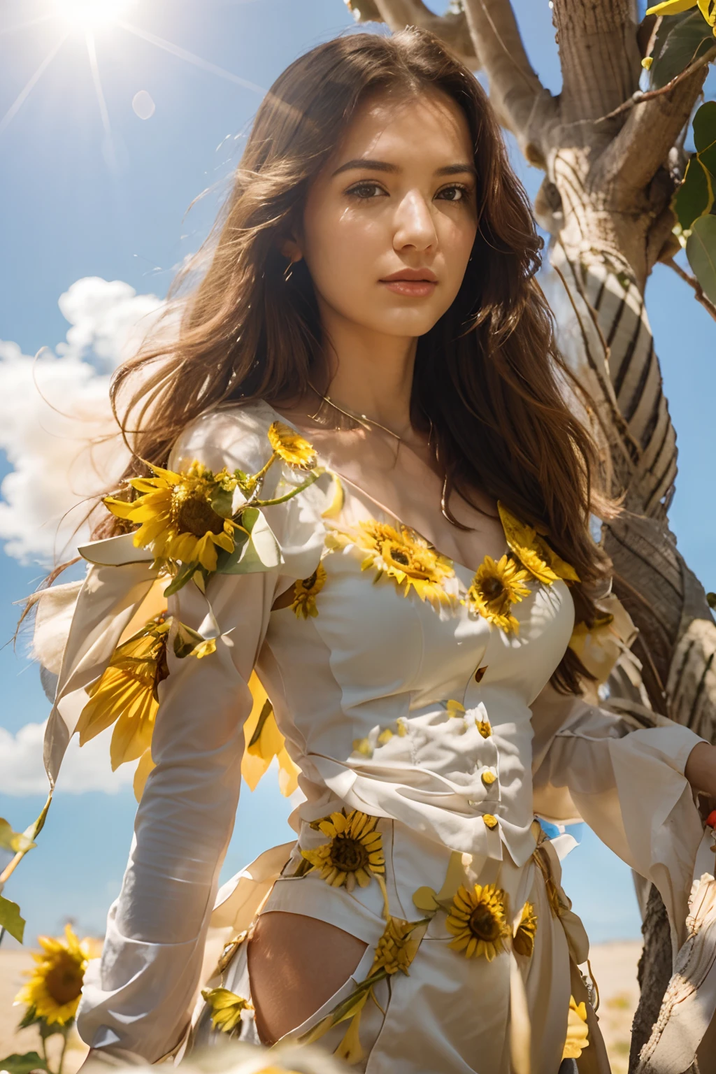 Under the sunflower tree, a woman looking up into the branches, sunny, bright white sands, blue sky, 24k