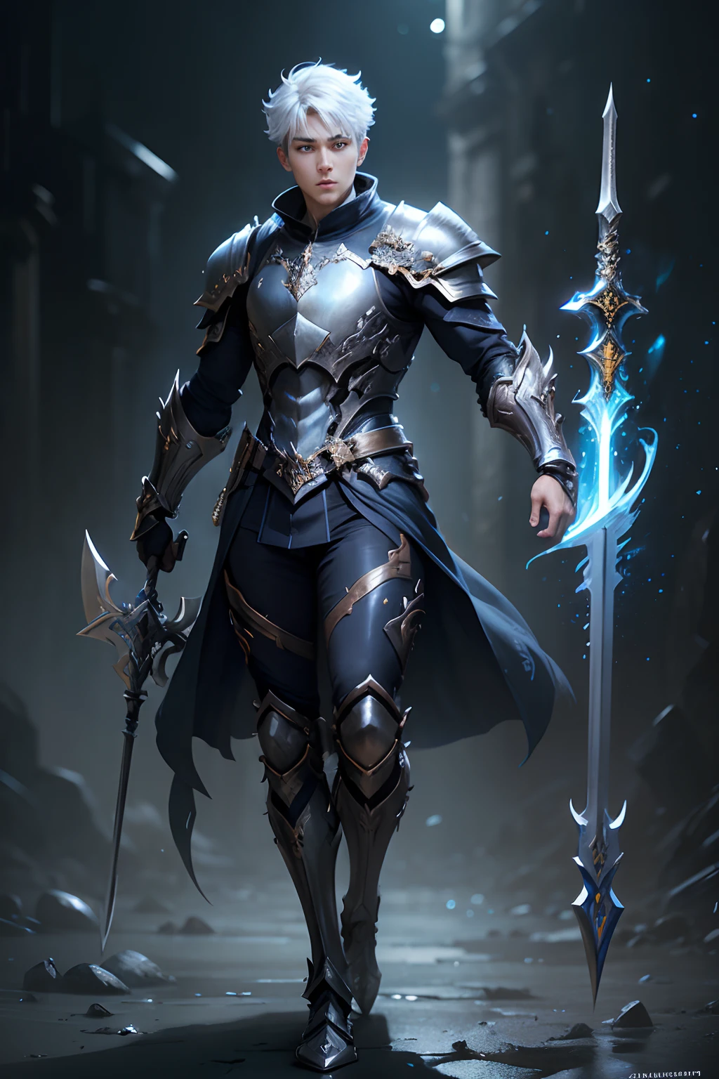 Boys in 8K resolution(Esbian Full Body:1.3)image、SplashArt、Great cartoon style、Realistic appearance and young man、Anatomical Digital Painting(Shon:1.3)a portrait of a young man(Shon:1.3)Blue and white complexes(Heavily armored:1.3)And short white hair.(dark and moody universe:1.3)、Black Fabric,light particle、High complexion、Demon Slayer、Very detailed eyes.、 (Elden Ring Style:1.1)、(warhammer style:1.3)、concept artist、globalillumination、deep depth of field、SplashArt、Art by:artgerm、by Greg Rutkowsky、Viktoria Gavrilenko,There is a very large sword.