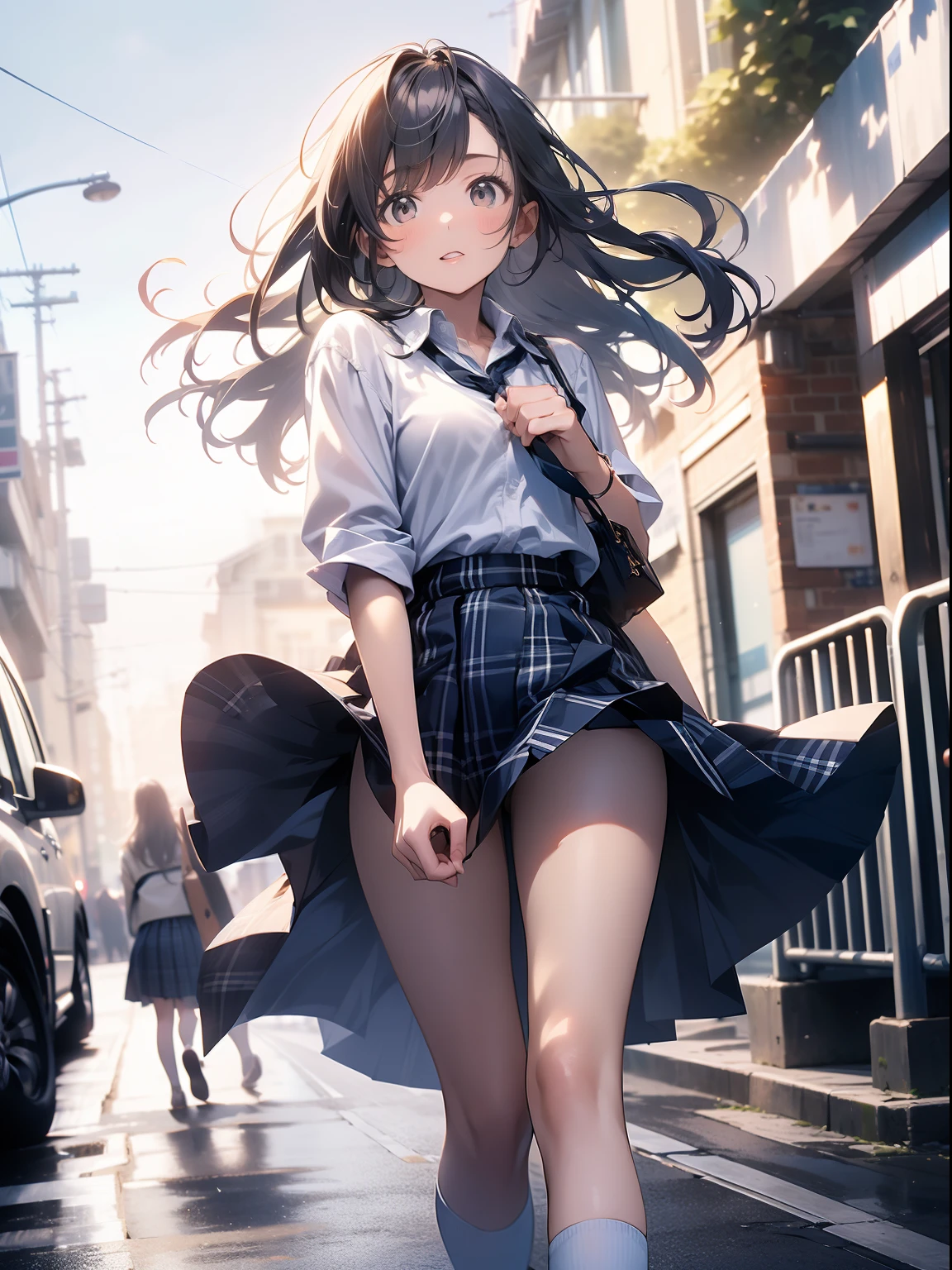 in 8K、top-quality、masterpiece、ultra-detailliert、Ultra-high resolution、((1 persons))、girl with、校服、Braided hair、makeups、plaid skirts、heavy wind、((((Flip the skirt))))、street