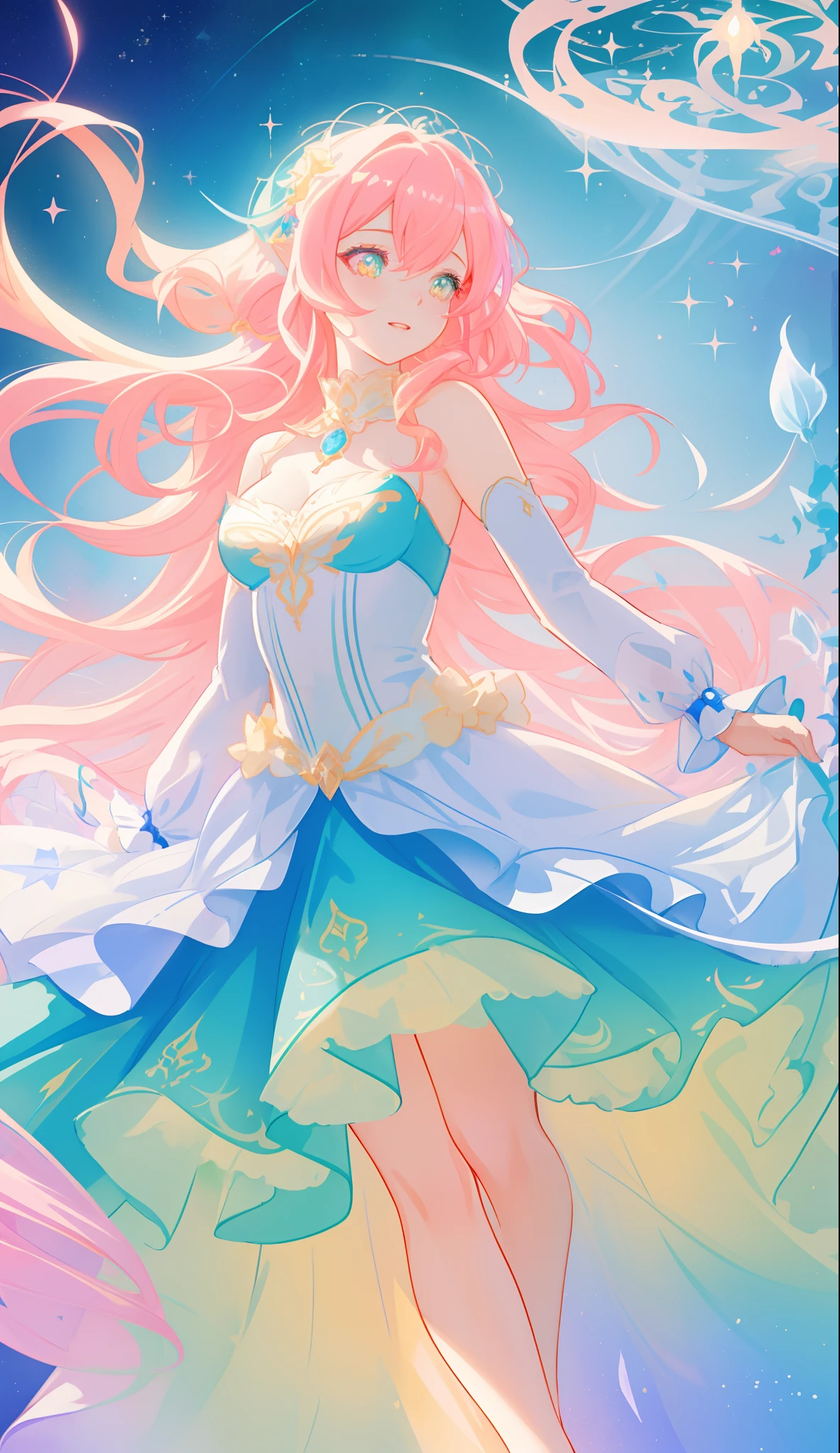beautiful girl, puffy tiered ballgown, vibrant pastel colors, (colorful), glowing golden long hair, magical lights, sparkling magical liquid, inspired by Glen Keane, inspired by Lois van Baarle, disney art style, by Lois van Baarle, glowing aura around her, by Glen Keane, jen bartel, glowing lights! digital painting, flowing glowing hair, glowing flowing hair, beautiful digital illustration, fantasia background, whimsical, magical, fantasy, ((beautiful face)), ((masterpiece, best quality)), intricate details, highly detailed, sharp focus, 8k resolution, sparkling detailed eyes, liquid watercolor