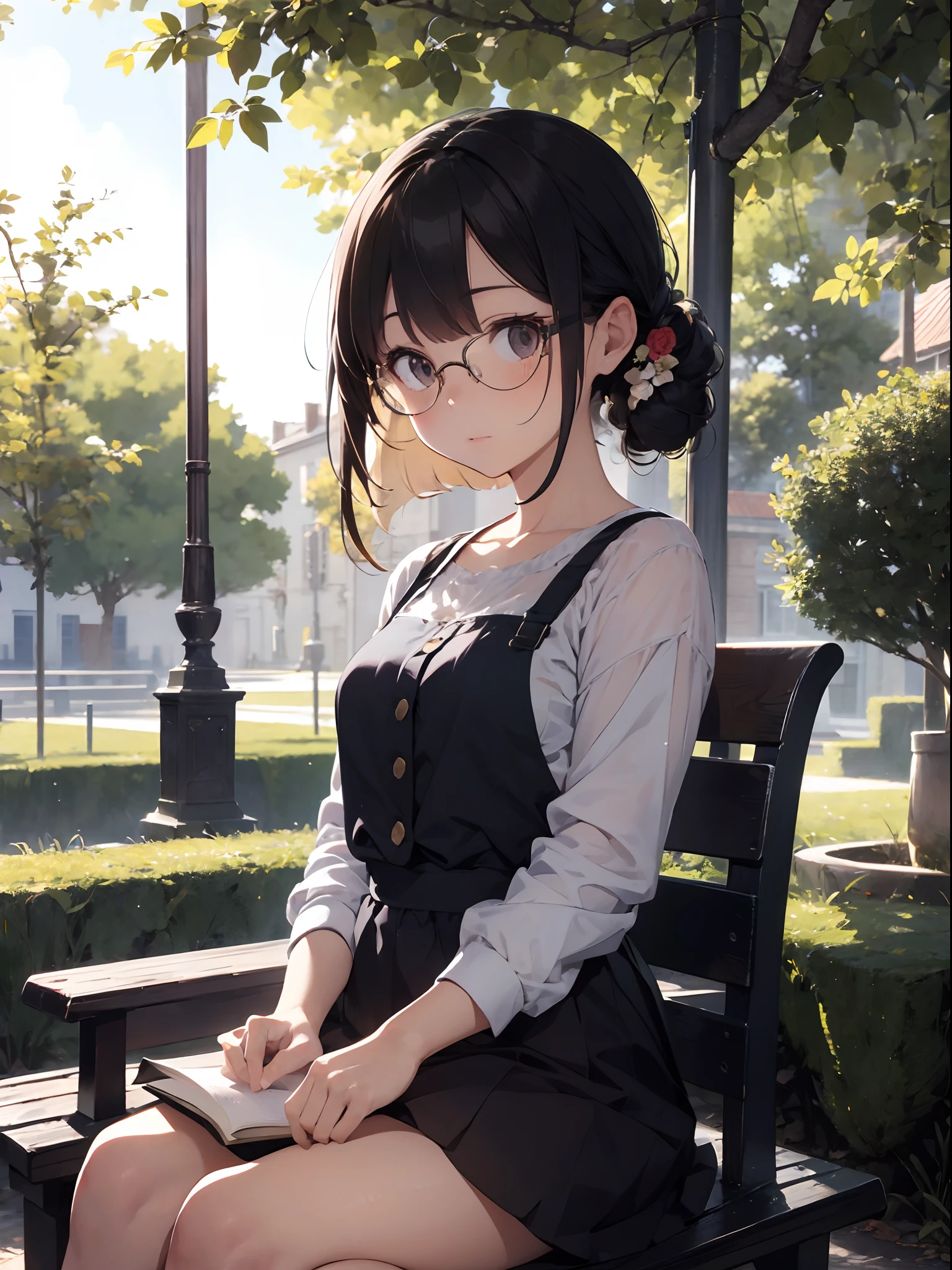 Superb Illustration, Masterpiece, Super High Quality, Super High Quality, Quality Improvement, Realistic, Girl, Solo, Princess, Beautifully captured moment of a princess reading a book in a corner of a court park, wearing glasses. She is seated on a luxurious Gothic bench, an old ornate cover in her hand, her expression filled with concentration and relief, as if she is completely immersed in the world, so to speak.

In the background, there are no tall, overgrown trees or long, beautifully manicured flowerbeds. The light envelops the scene.

Of particular note are the reflections of the sunlight through the trees onto the princess's glasses and their pages. The sun is reflected in the princess's glasses, repeating the magical moment when the story she is reading intersects with the real world.

The illustration captures the beauty of the sunlight filtering through the trees and the serene moment it creates in endless detail and emotion.