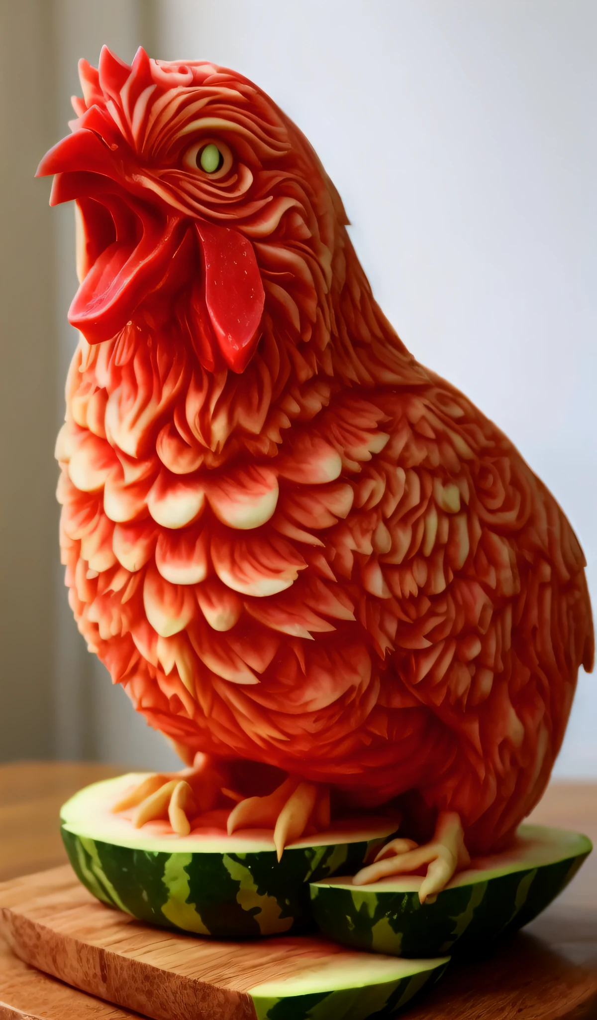 there is a watermelon sculpture of a chicken sitting on a table, sculpted out of candy, chicken detailed, incredible detail, butter sculpture, incredible sharp detail, very realistic, soap carving, carved soap, look at that detail!, by Kanō Tan'yū, very very very ultradetailed, carving, extremely intricate, chicken masterpiece, very very realistic